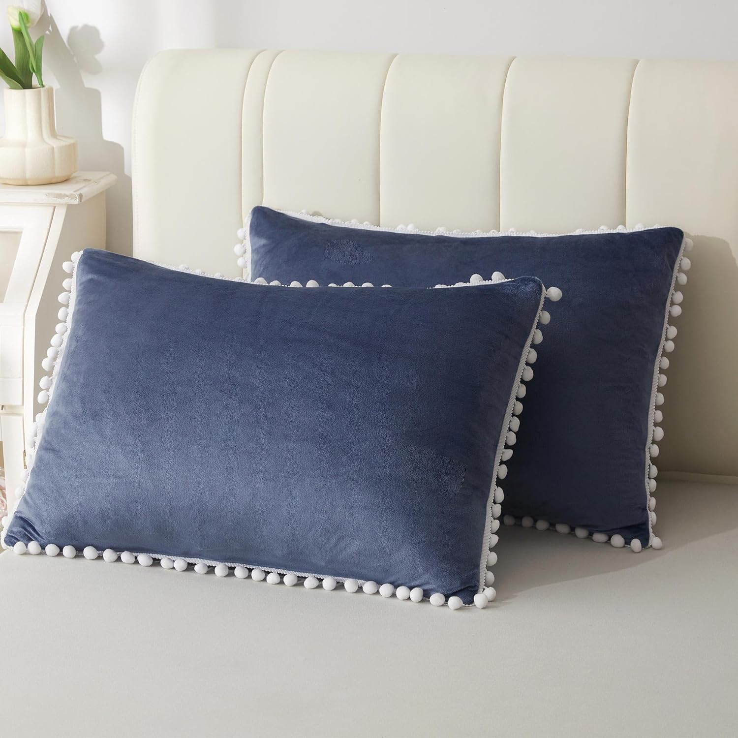 LIFEREVO Juego de 2 fundas de almohada de terciopelo suave con pompones, fundas de almohada decorativas con flecos, bonitas fundas de almohada con