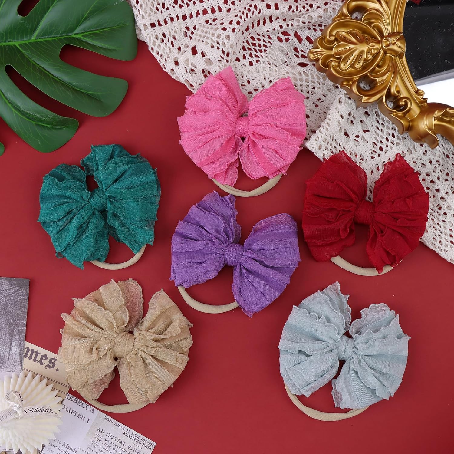 YanJie Diademas de encaje suave para recién nacidas, lazos elásticos de nailon con volantes, lazos hechos a mano, accesorios para el cabello para