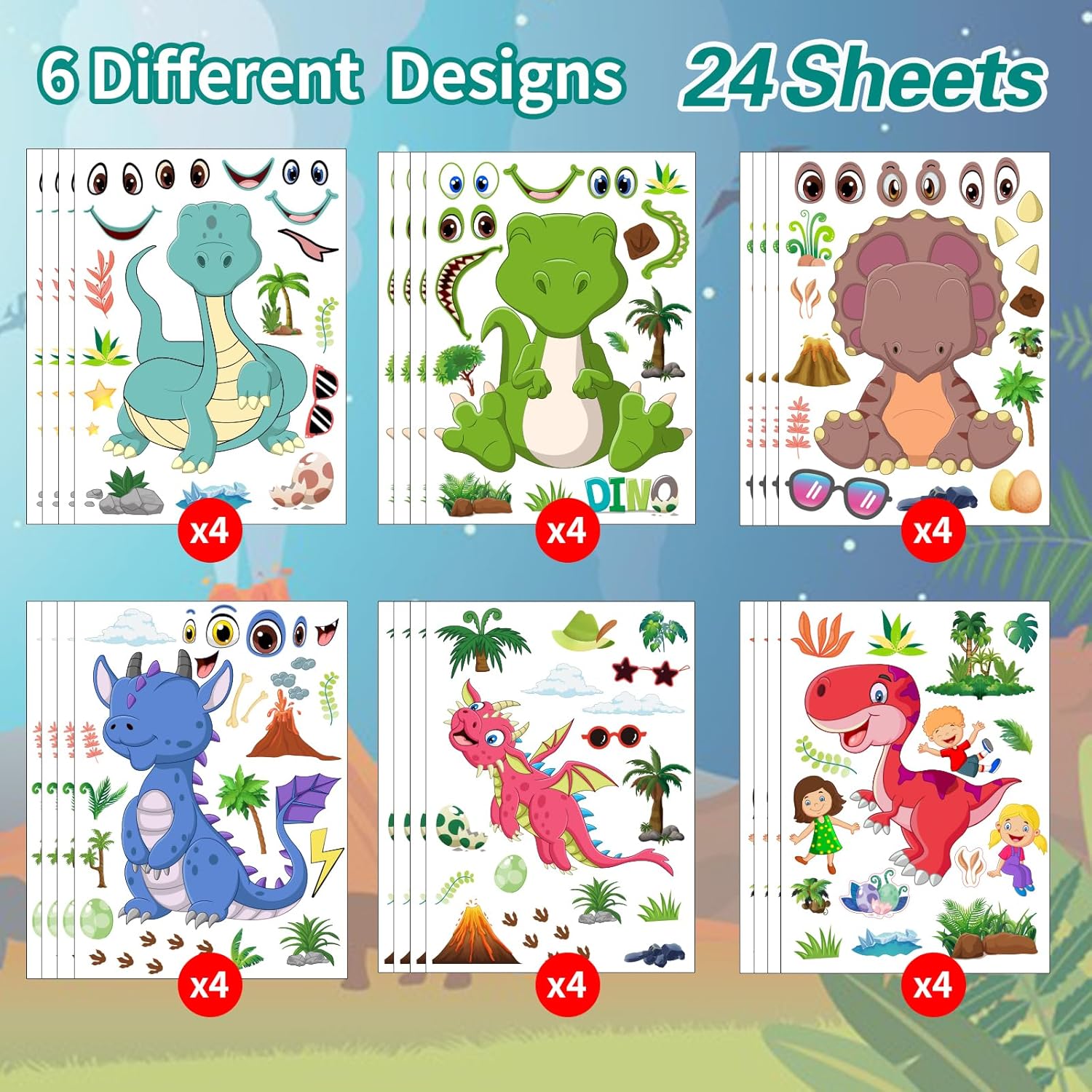 24 hojas de calcomanías de dinosaurio para niños, haz tus propias calcomanías de dinosaurio, calcomanías de dinosaurio para actividades escolares,