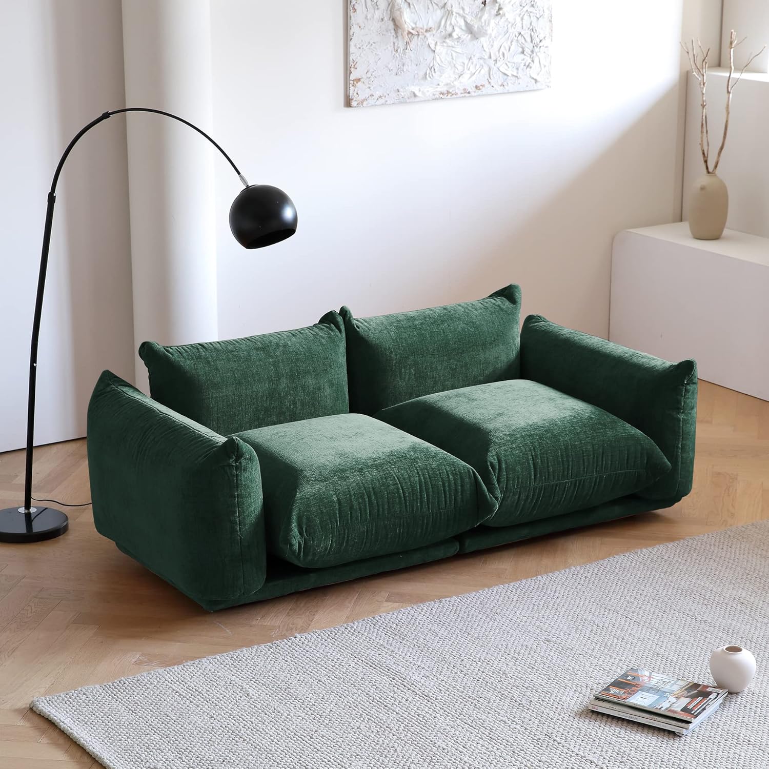 Sofá biplaza moderno de chenilla, sofá tapizado de felpilla de mediados de siglo para sala de estar, apartamento oficina (77.16 pulgadas, verde)