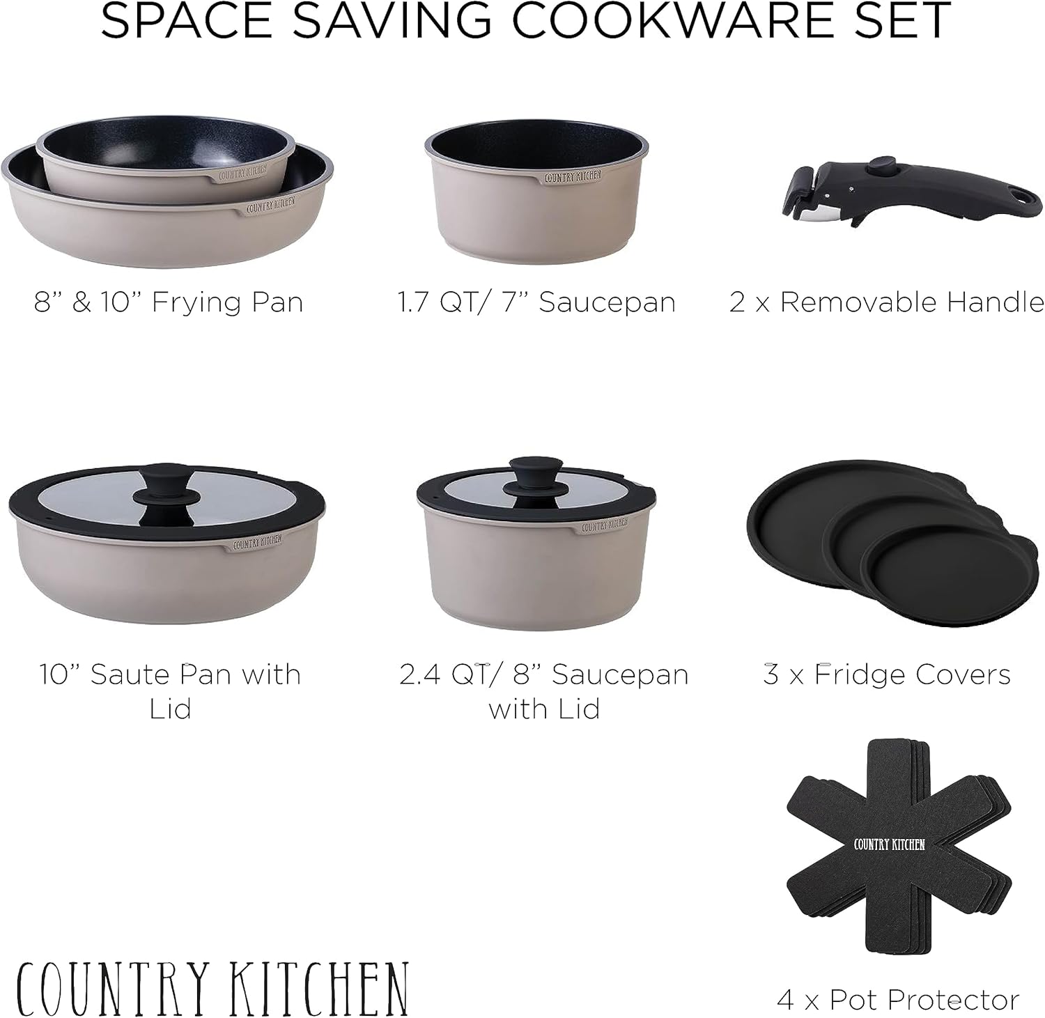 Country Kitchen Juego de ollas y sartenes de 16 piezas, utensilios de cocina antiadherentes de cerámica saludables y seguros con mango extraíble