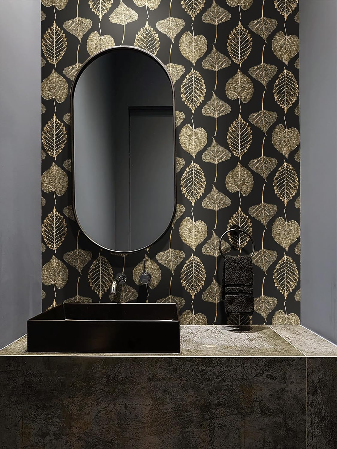 Ismoon Papel tapiz autoadhesivo con textura de hojas, color negro y dorado, autoadhesivo, extraíble, de vinilo grueso, impermeable, apto para