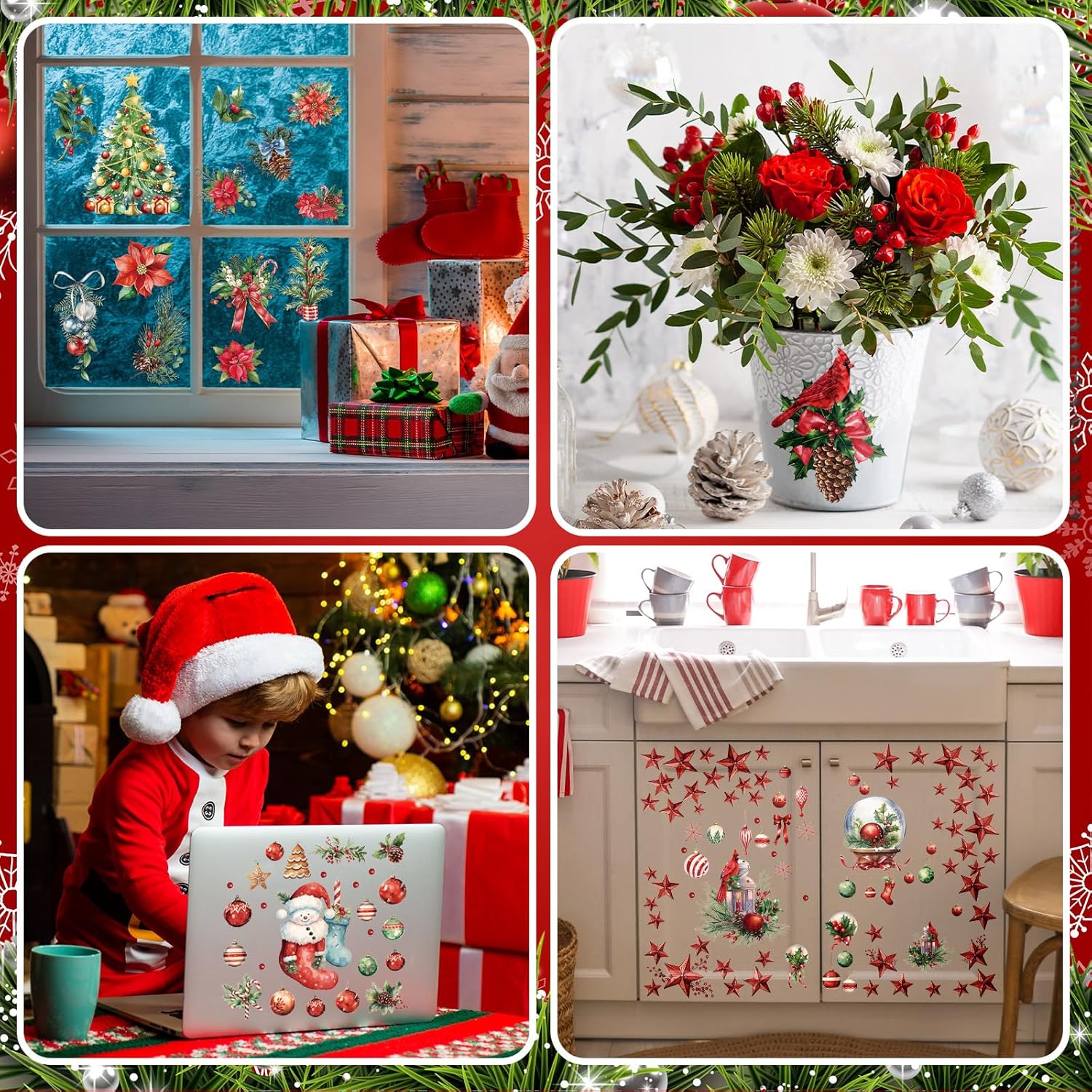 SATINIOR 16 hojas de calcomanías de Navidad para manualidades y muebles, calcomanías de árbol de Navidad, muñeco de nieve, bayas rojas, calcomanías