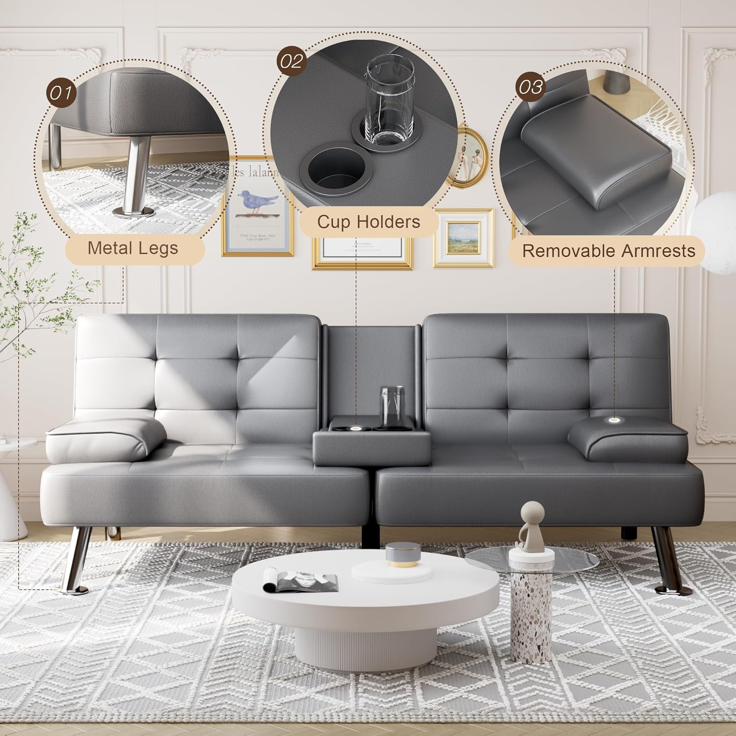 Sofá cama tipo futón plegable convertible para sala de estar, sofá biplaza tapizado de piel sintética con reposabrazos extraíbles, patas de metal, 2