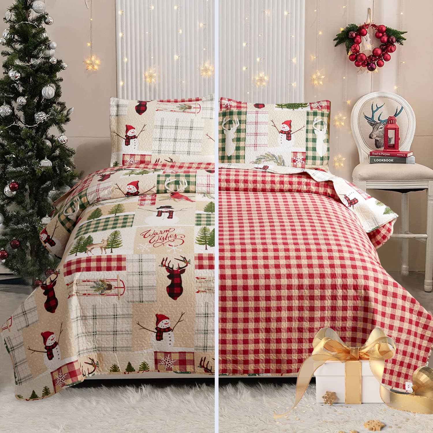 CHESITY Juego de ropa de cama de Navidad de tamaño matrimonialqueen, edredones reversibles de Navidad, edredones rústicos de ciervos, colcha a