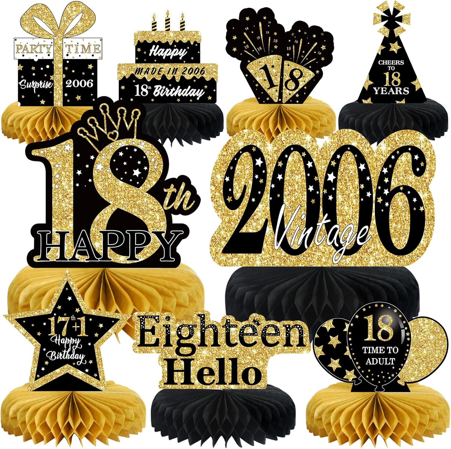 9 piezas de decoración de cumpleaños negro dorado 18 centros de mesa de panal para niños y niñas, centros de mesa de feliz cumpleaños 18,