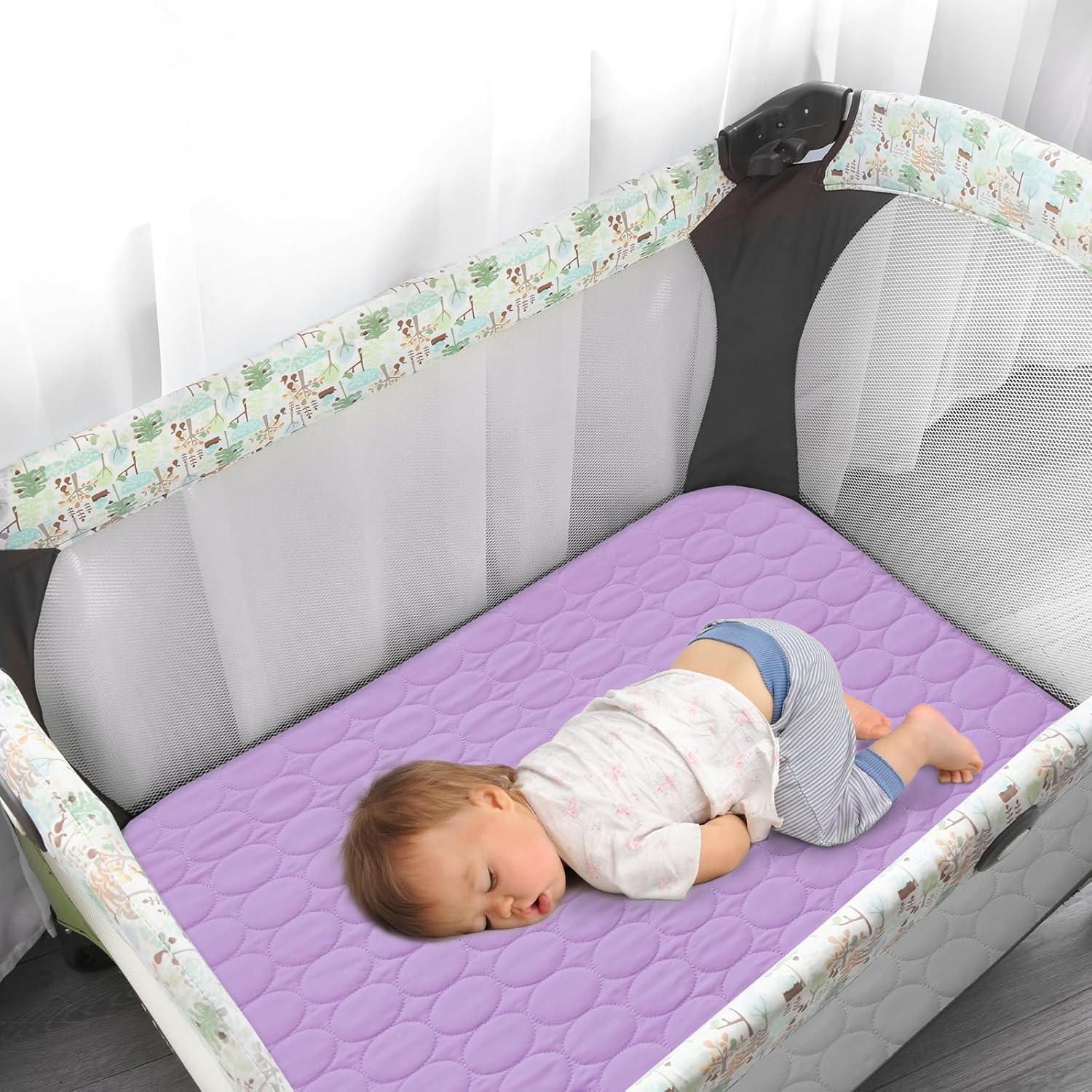 Pack and Play – Juego de 2 sábanas bajeras acolchadas, funda protectora de colchón de corral de 39 x 27 pulgadas, se adapta a colchón plegable y de