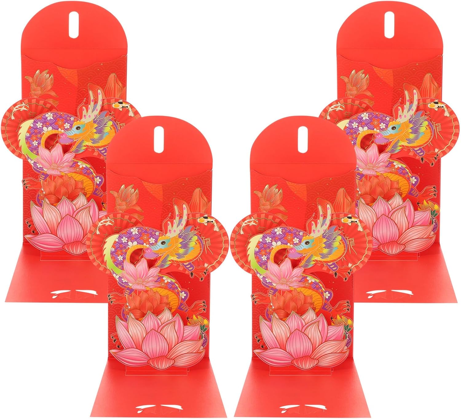 Vaguelly Sobres rojos de año nuevo 3D 2024, 4 unidades, loto chino, carácter, año del dragón, Fengshui, Fortuna, sobre Hong Bao Lucky Money Red