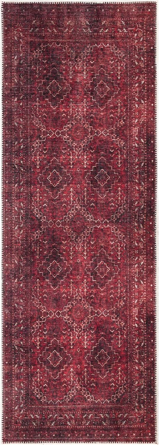 Bloom Rugs Alfombra de pasillo lavable antideslizante de 12 pies  Rojo oscuro con borde tradicional para entrada, pasillo, baño y cocina  Tamaño