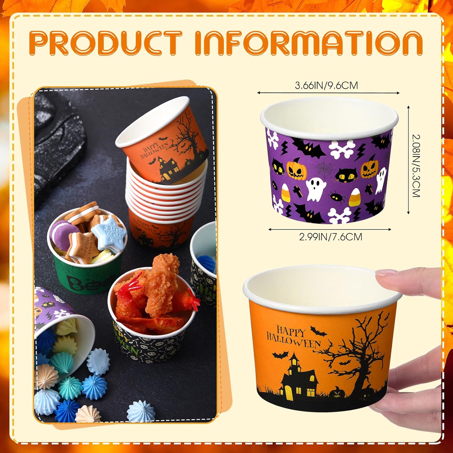 Hsei Paquete de 120 tazas de aperitivos de Halloween de 9 onzas, tazas de helado de Halloween, cuencos de papel de calabaza fantasma para dulce o
