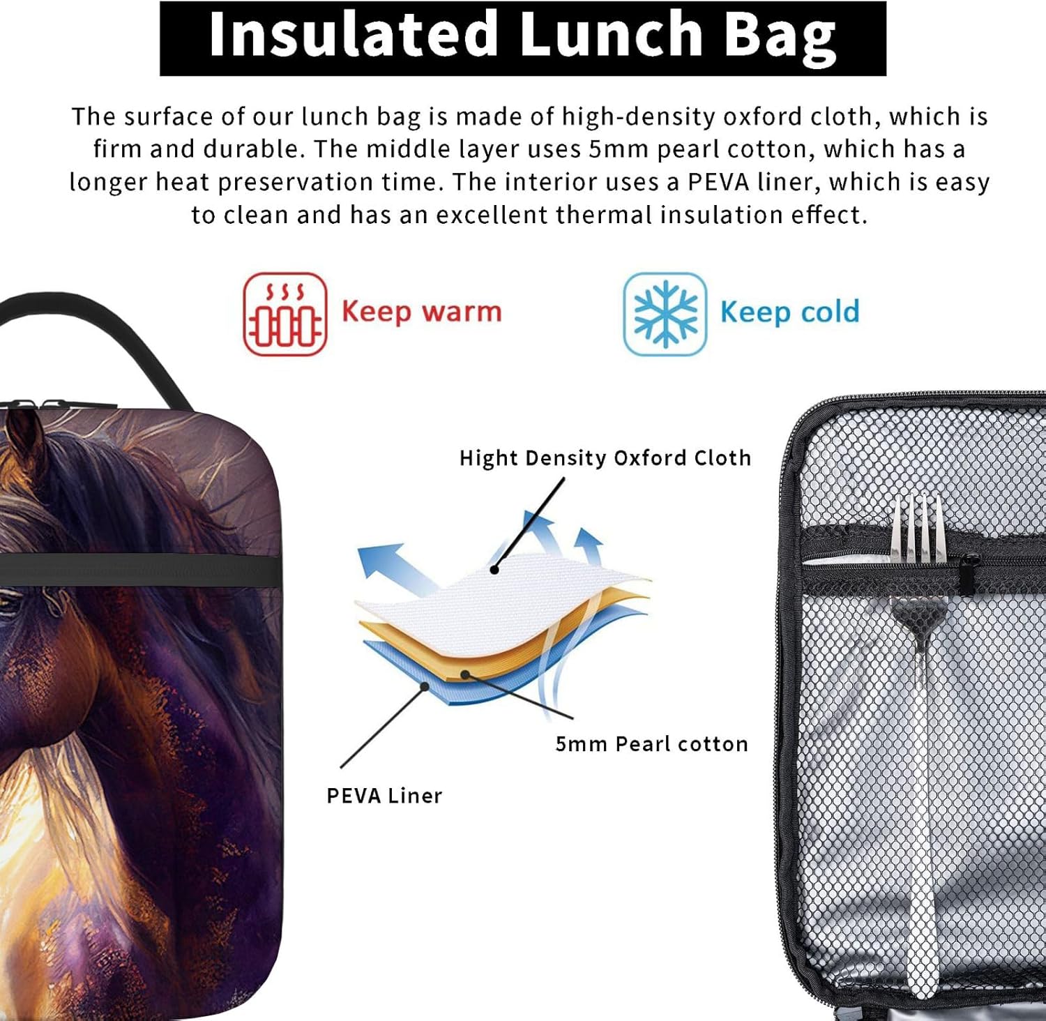 Cioroper Bolsa de almuerzo aislada marrón con caballo de acuarela para mujer, lonchera para hombres, bolsa de mano portátil para trabajo, picnic,