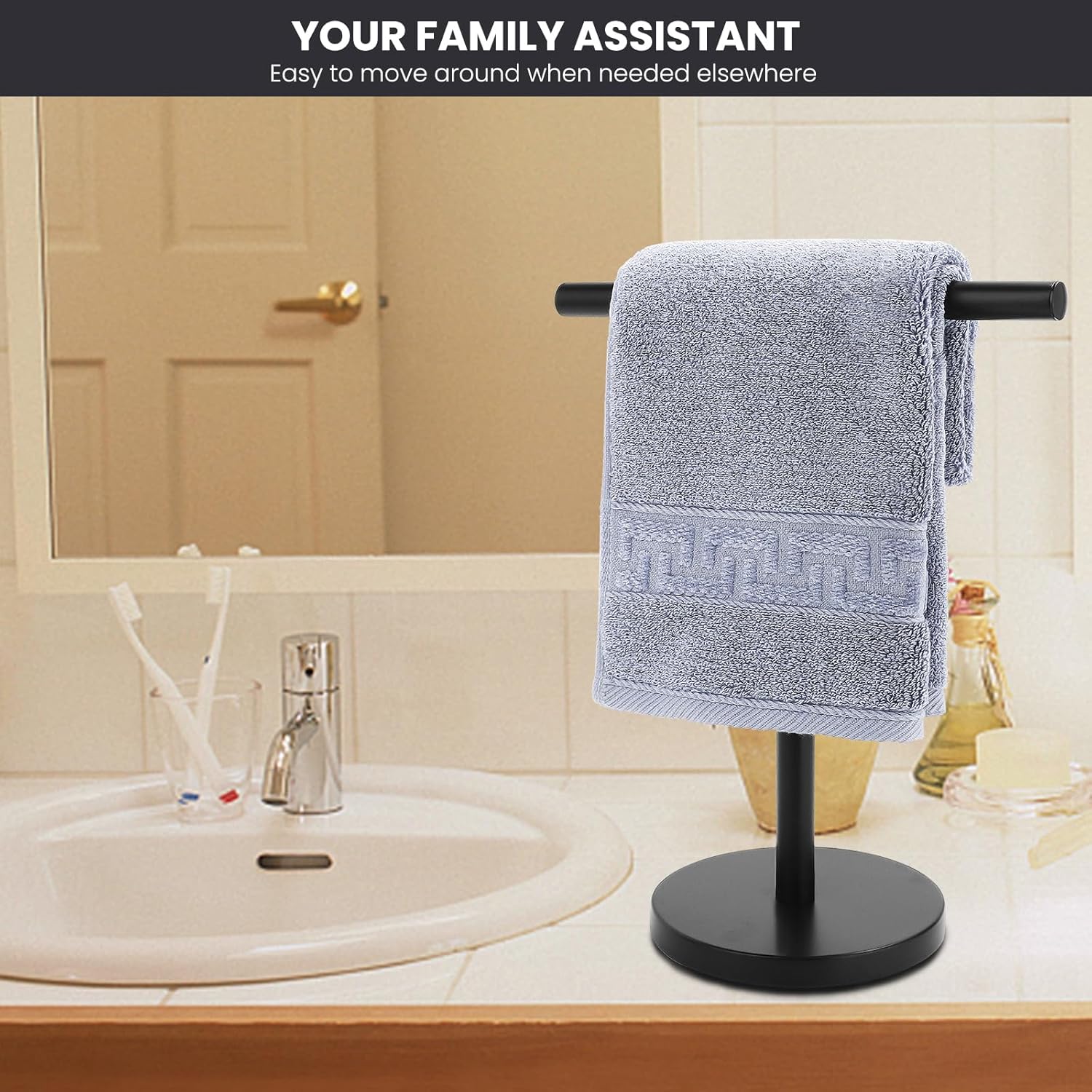 Zitalupy Toallero de mano de baño en forma de T, toallero de mano de acero inoxidable con base pesada, para baño, cocina y encimera, color negro