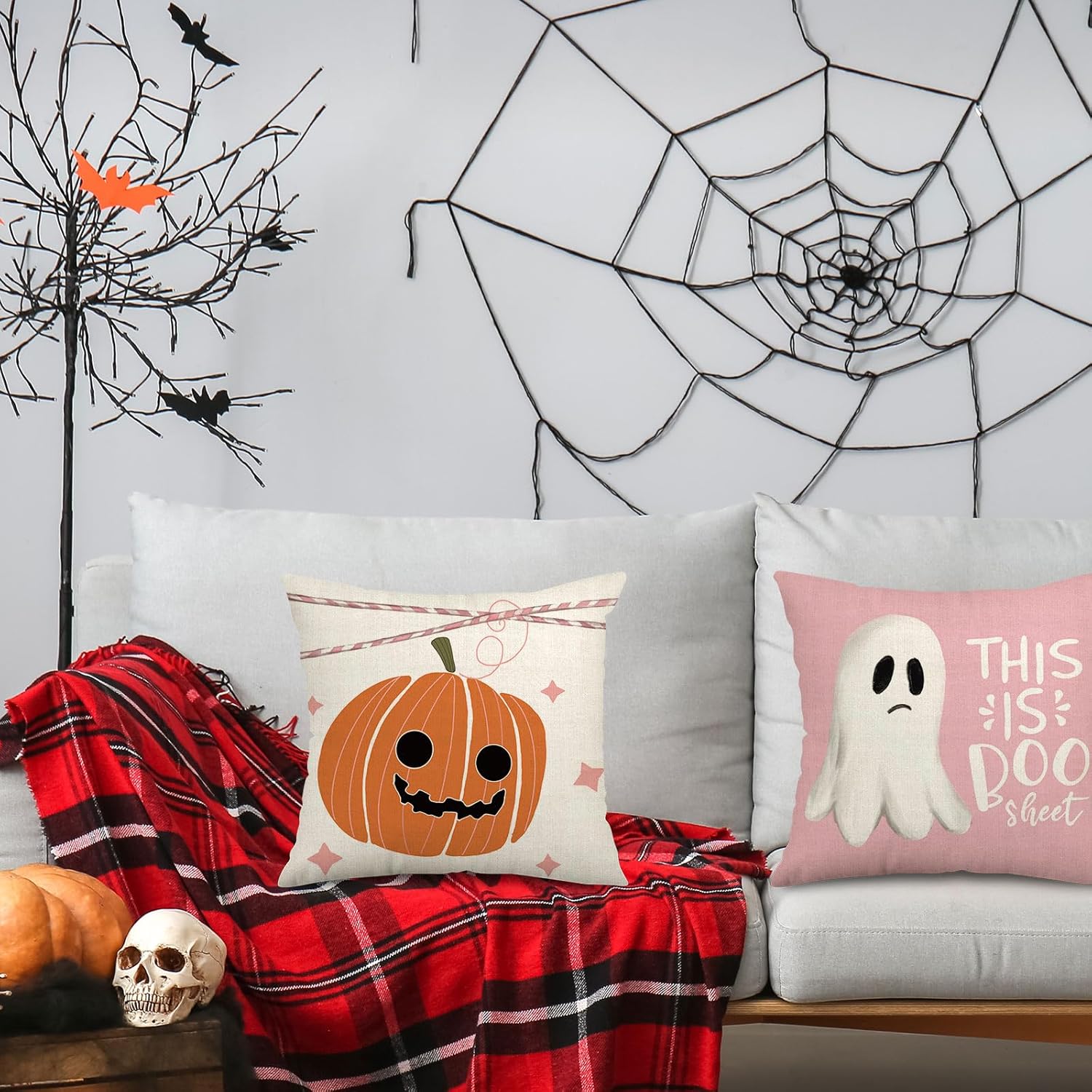 AnyDesign – Fundas de almohada rosadas de Halloween con diseño de calabaza fantasma, funda de almohada de Halloween, decoración espeluznante de