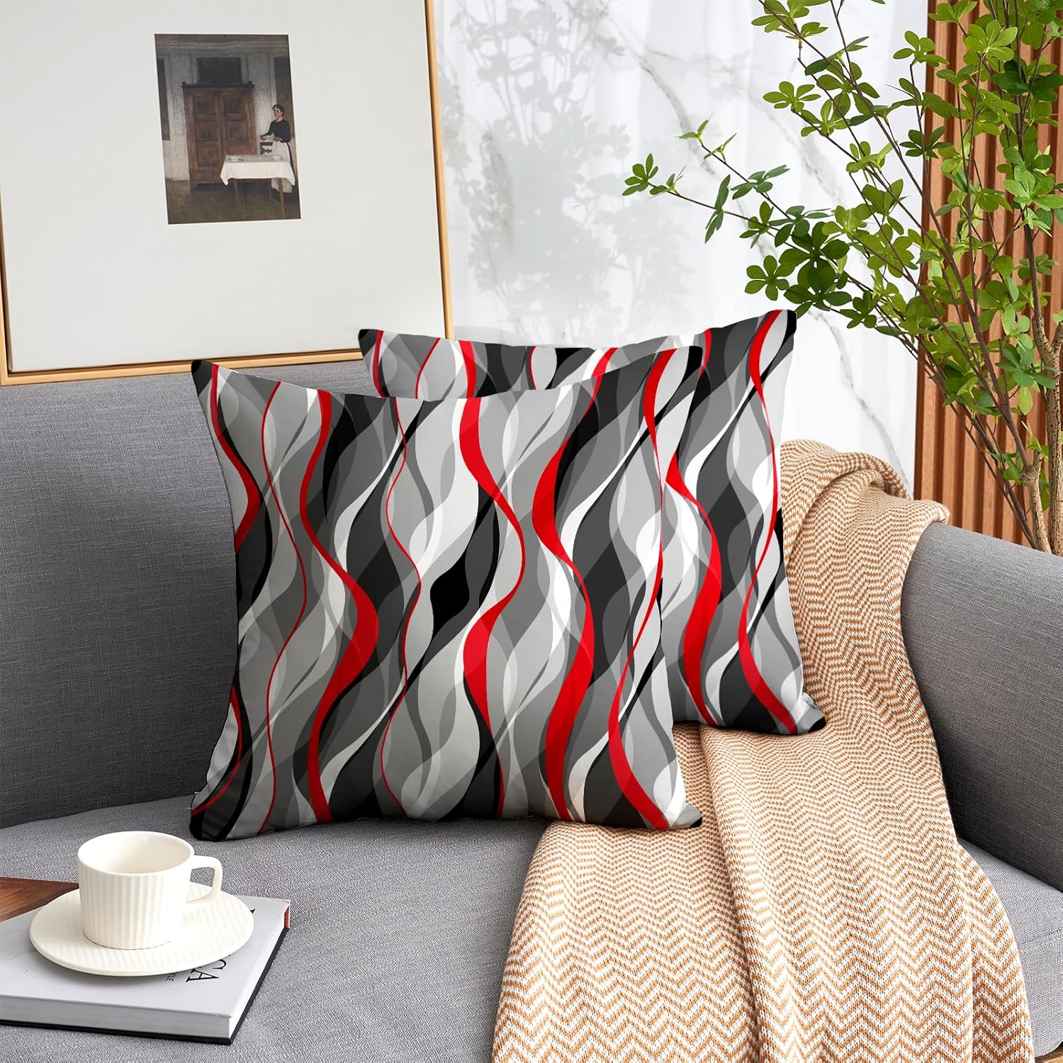Juego de 2 fundas de almohada con diseño de líneas geométricas modernas para sala de estar, sofá, decoración del hogar, arte abstracto, fundas
