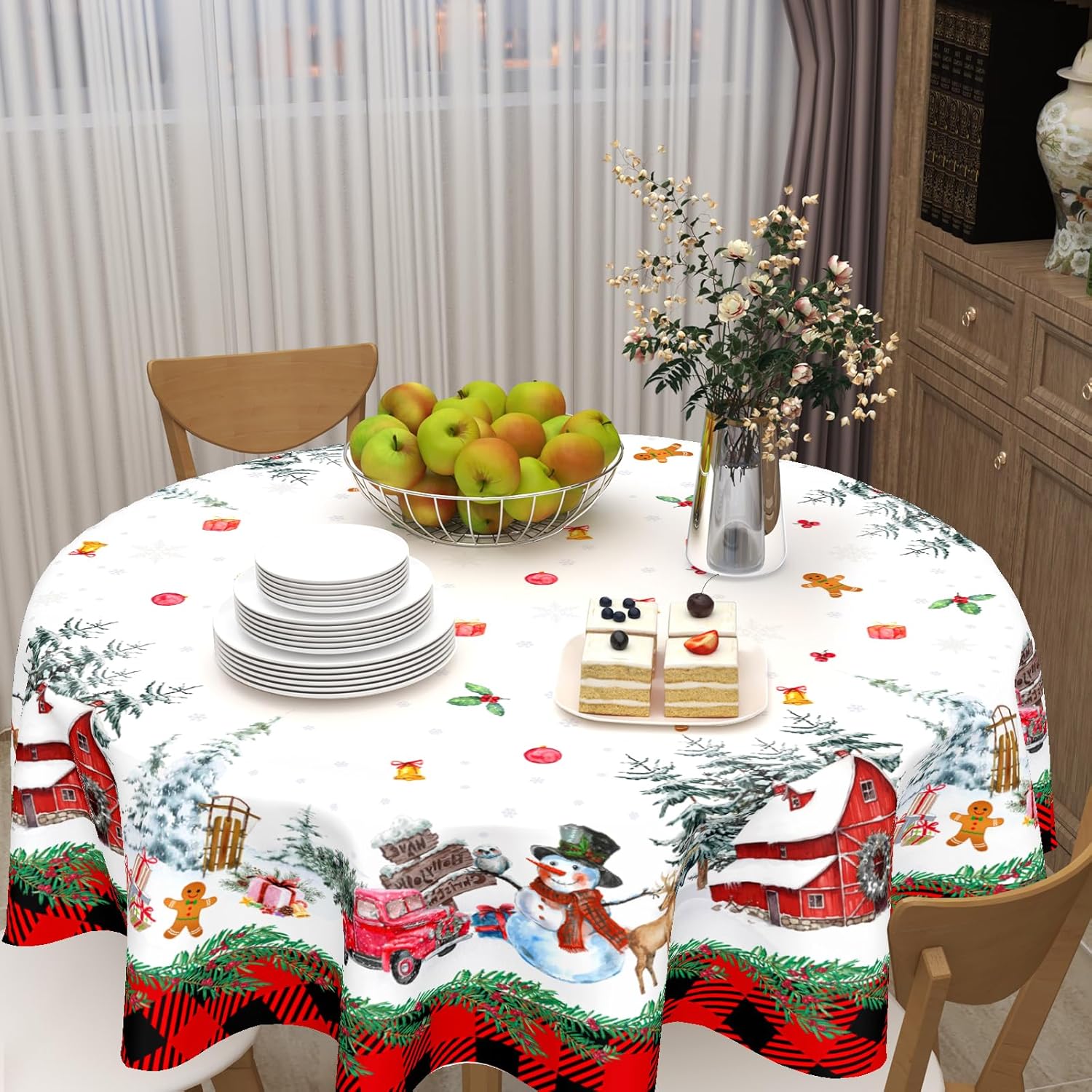 Mantel redondo de Navidad de 60 pulgadas con diseño de muñeco de nieve, mantel de invierno, lavable, color negro y rojo, a cuadros, copo de nieve,