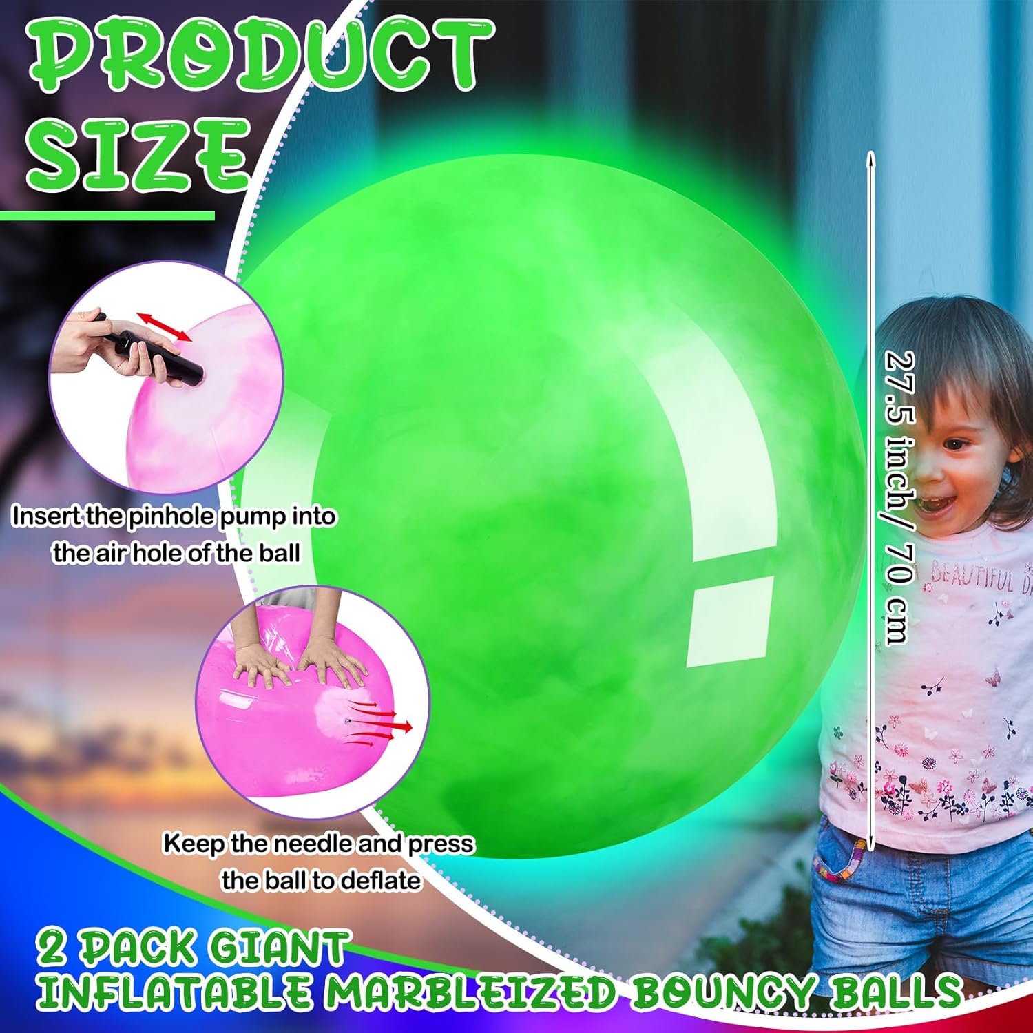 Jenaai 2 bolas inflables de 27 pulgadas que brillan en la oscuridad para niños, pelota de playa con luz LED, bolas inflables grandes y gigantes para