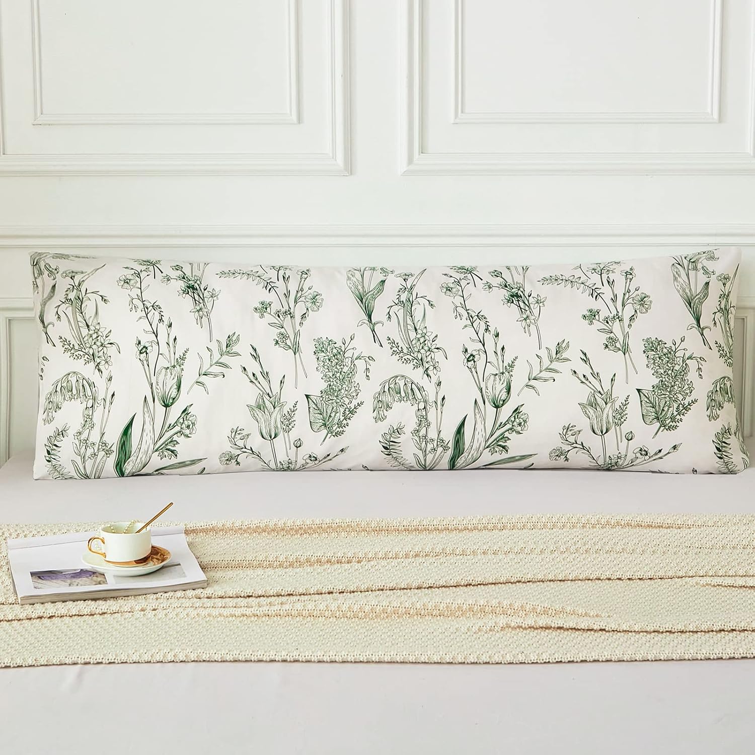 Funda de almohada corporal de flores verdes de 20 x 54 pulgadas, funda de almohada corporal de ramas verdes oscuras, flores, funda de almohada de