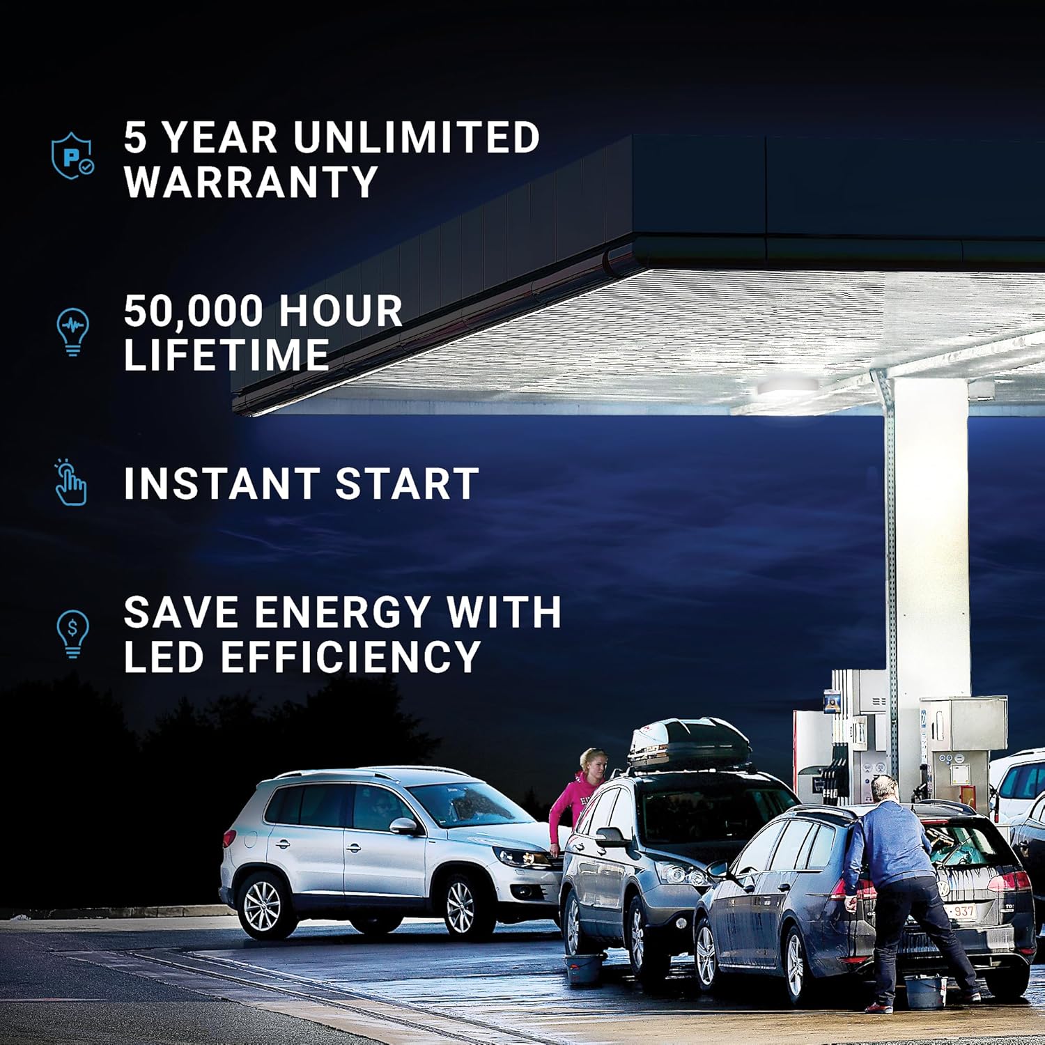 Parmida – Paquete de 4 luces LED para toldo, 150 W, regulable, 100-277 VAC, IP65 impermeable, certificación ETL, luz de tienda, 5700 K, 16.5 x 16.5