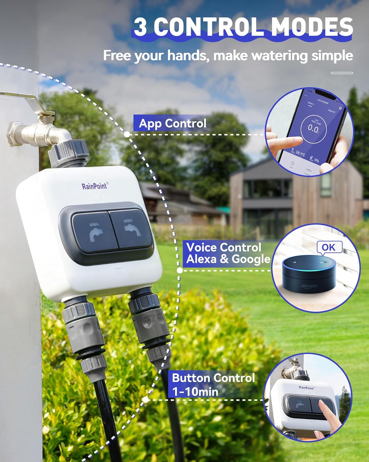 RAINPOINT Temporizador de agua WiFi para manguera de jardín  6 planes separados, riego por galón y tiempo, modo de riego y niebla, fácil de usar,