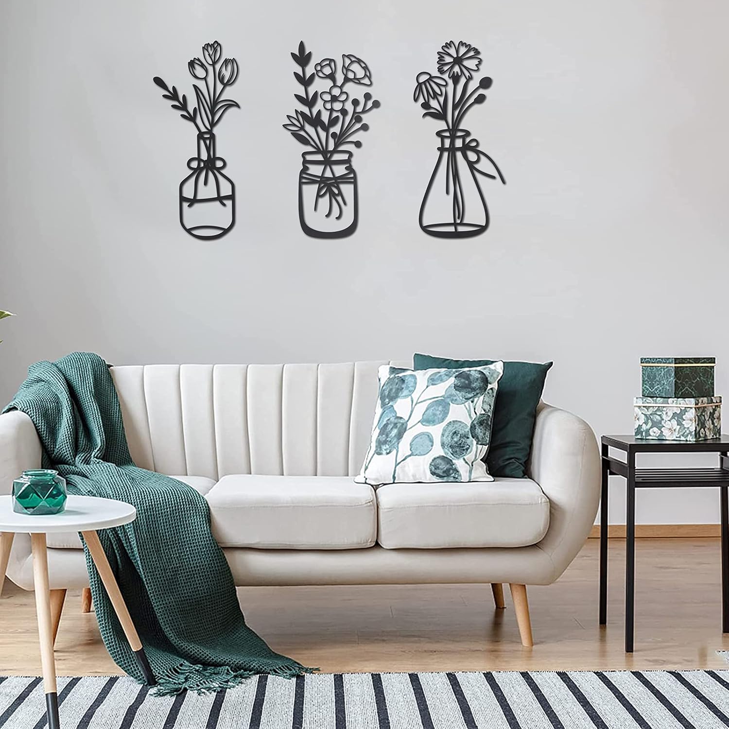 COLLECTIVE HOME – Arte de pared de metal, decoración de flores de pared, florero de 3 piezas, letrero floral de decoración de hierro, alambre de