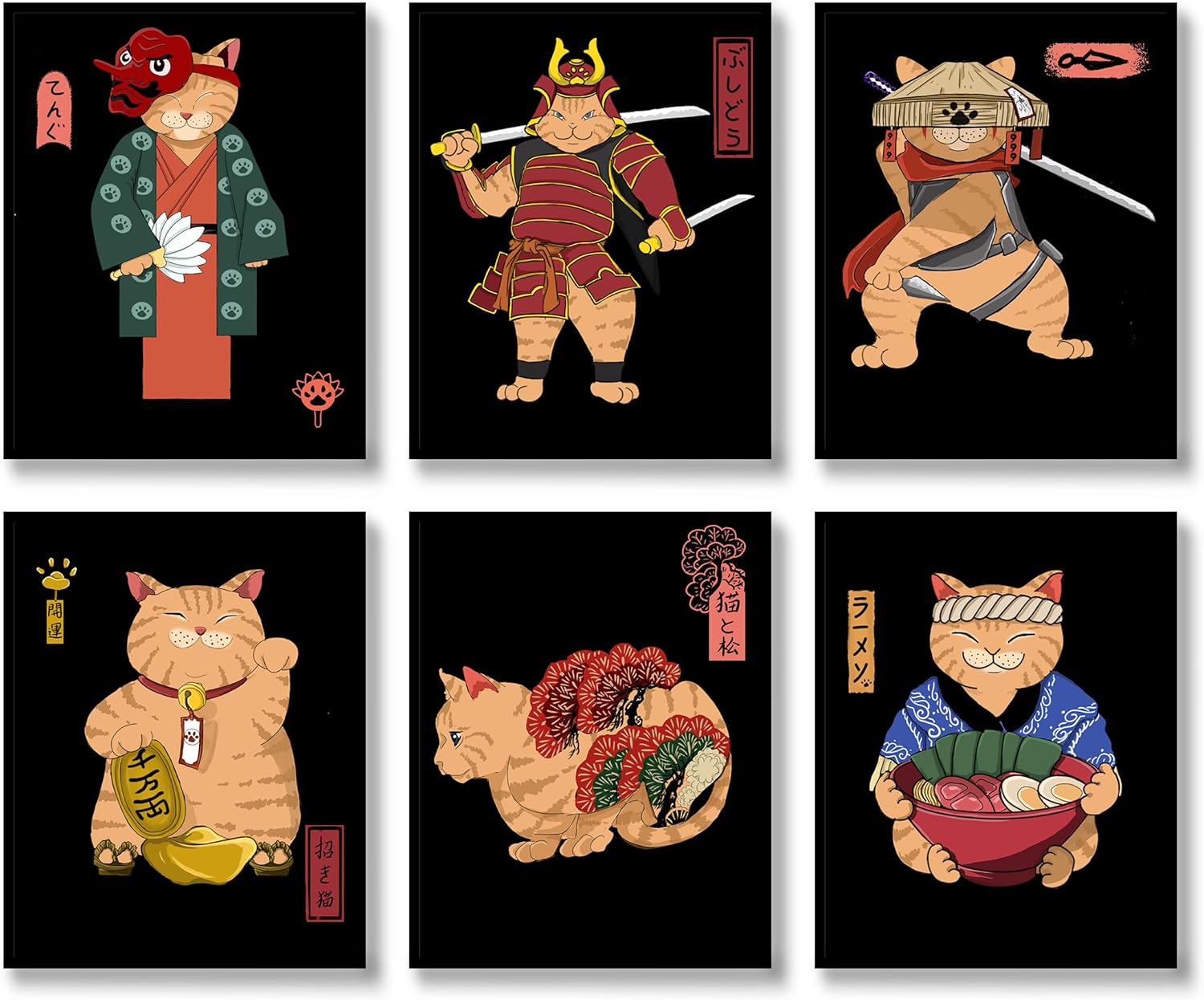 Samurai – Juego de 6 pósteres de gato japonés, decoración de pared de bushido japonés, pinturas de gato de Kung Fu, fotos divertidas de gato de