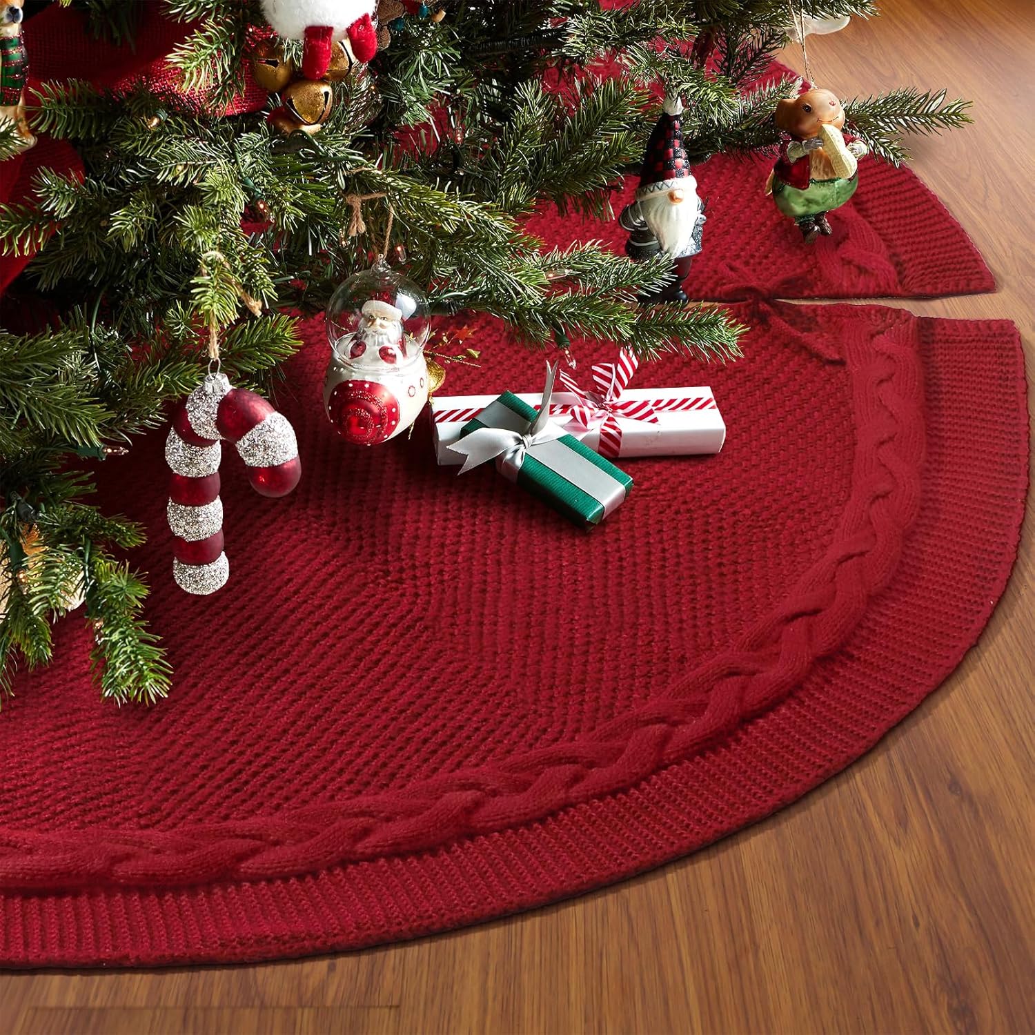 Falda de árbol de Navidad de punto de 48 pulgadas, falda de árbol de Navidad de punto trenzado rojo, decoración de falda de árbol de Navidad rústica