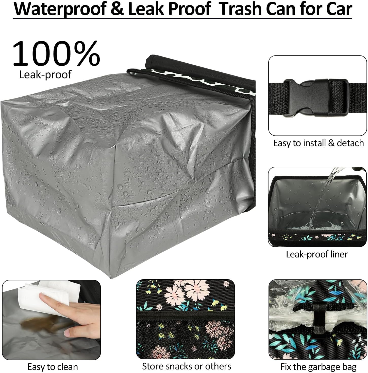 ELONGRIVER Cubo de basura para el asiento trasero del automóvil, a prueba de fugas, bonita bolsa de basura para automóvil, cubo de basura para
