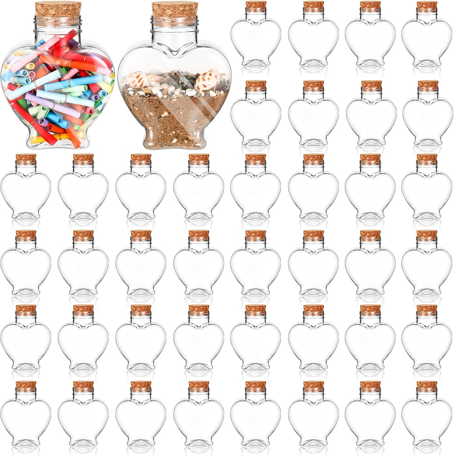 Uiifan 50 frascos de plástico en forma de corazón de 5 onzas con tapas, botellas de arte de arena, pequeñas botellas de plástico transparente para
