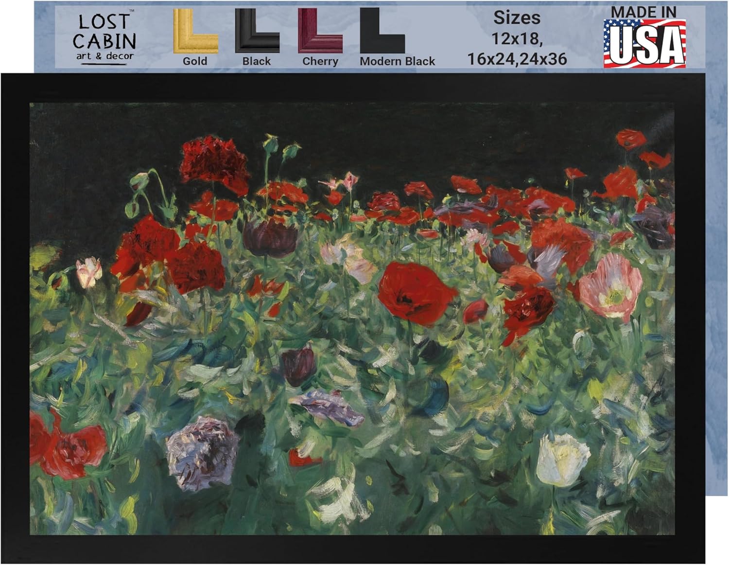 Lost Cabin Poppies 1886 de John Singer Sargent  Imprimir marco plano negro  Reproducción de pinturas de obras de arte finas  Póster enmarcado para