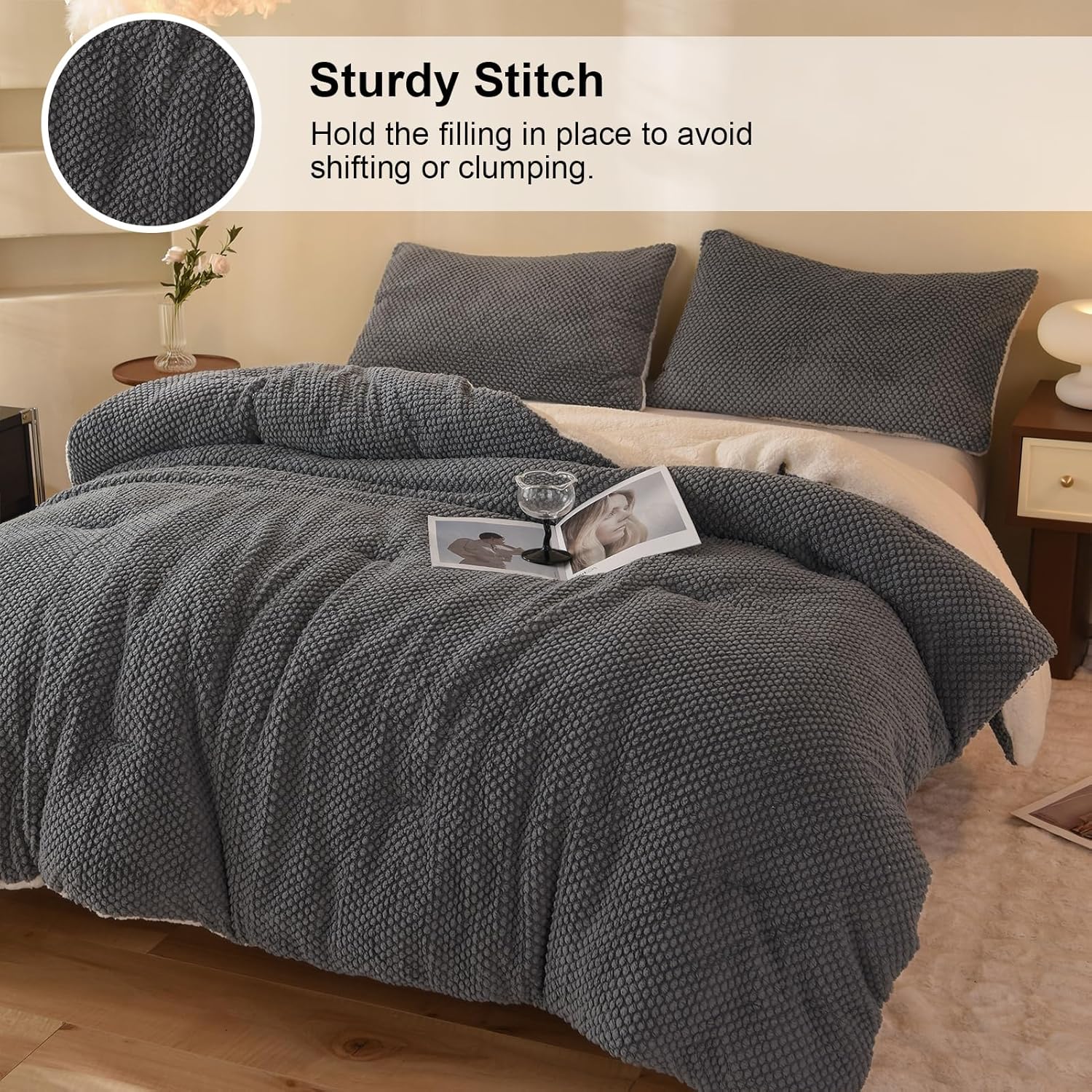 Juego de edredón de diseño jacquard 3D, ultra suave, cálido, tamaño Queen, felpa de piel sherpa, juego de 3 piezas, ropa de cama acogedora de lujo