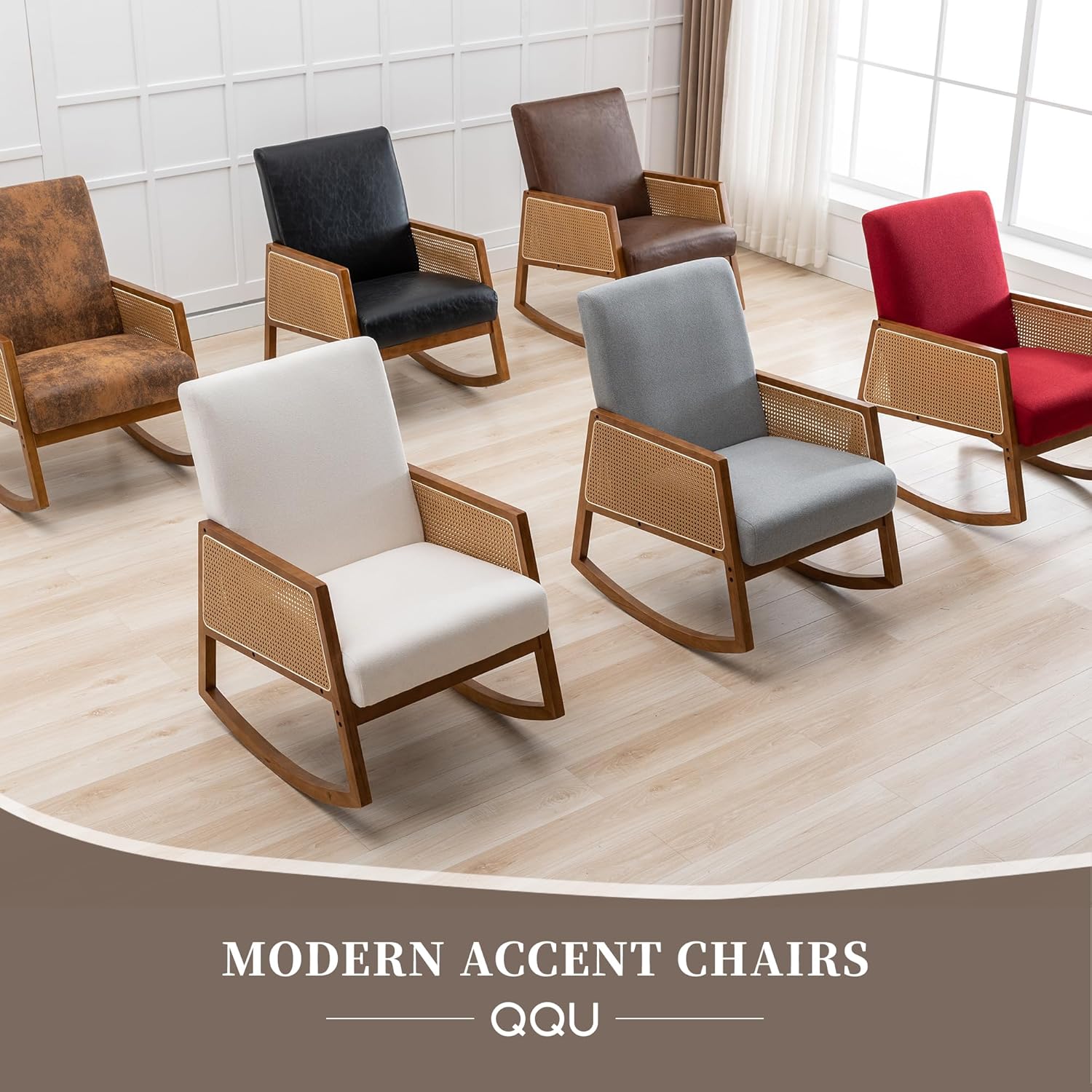 Mecedora moderna, mecedora de piel sintética con asiento acolchado, base de madera maciza, cómoda silla con respaldo alto para sala de estar,