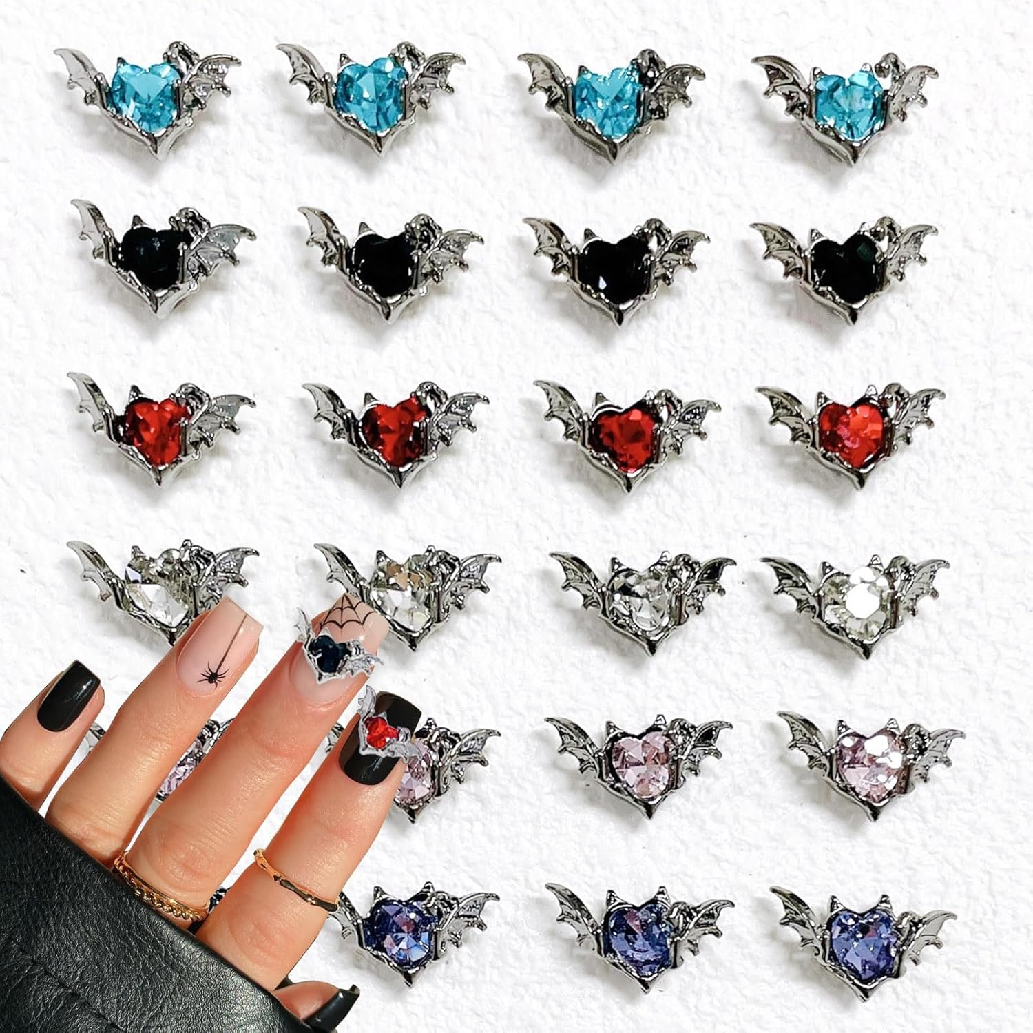 24 dijes de uñas de Halloween de aleación 3D, diamantes de imitación de cristal, suministros de arte de uñas, gemas de diseño de corazón de