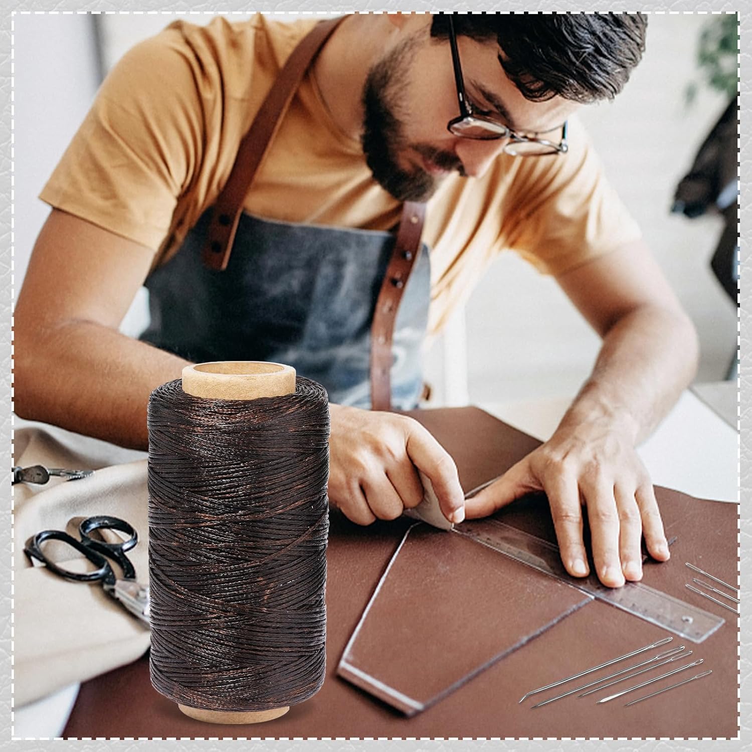 Hilo encerado, hilo encerado de cuero, color café oscuro, hilo encerado de 820.2 ft con agujas de coser a mano de cuero, dedal, para manualidades de