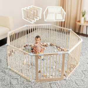 Corralito para bebés y puerta de bebé para niños pequeños y bebés, plegable de madera de forma grande y tamaño ajustable, valla de juego con centro Corralito para bebés y puerta de bebé para niños pequeños y bebés, plegable de madera de forma grande y tamaño ajustable, valla de juego con centro