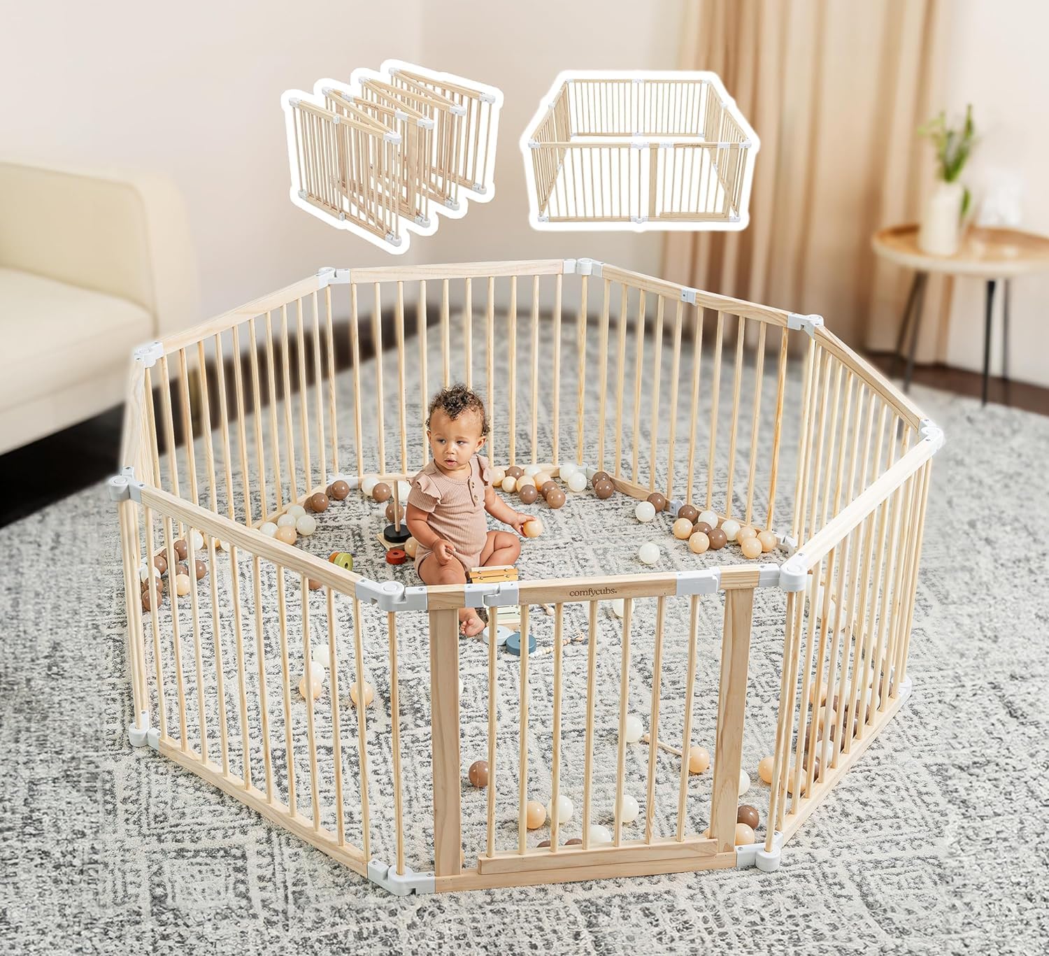 Corralito para bebés y puerta de bebé para niños pequeños y bebés, plegable de madera de forma grande y tamaño ajustable, valla de juego con centro