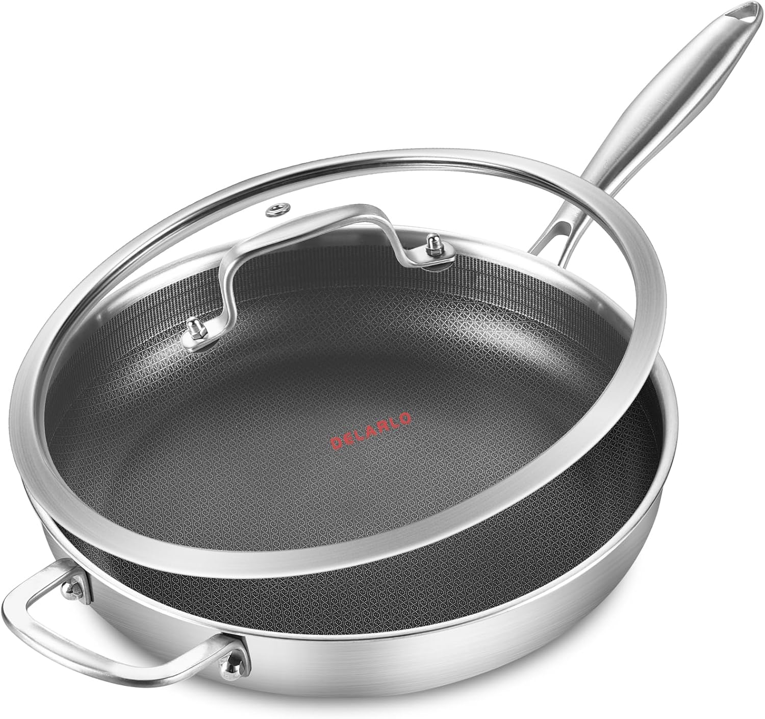 DELARLO Sartén de acero inoxidable de tres capas de cuerpo entero de 12 pulgadas con tapa, sartén híbrida de cocina, ollas y sartén de inducción