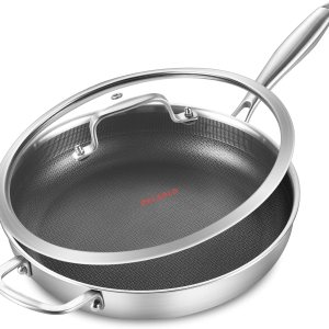 DELARLO Sartén de acero inoxidable de tres capas de cuerpo entero de 12 pulgadas con tapa, sartén híbrida de cocina, ollas y sartén de inducción DELARLO Sartén de acero inoxidable de tres capas de cuerpo entero de 12 pulgadas con tapa, sartén híbrida de cocina, ollas y sartén de inducción
