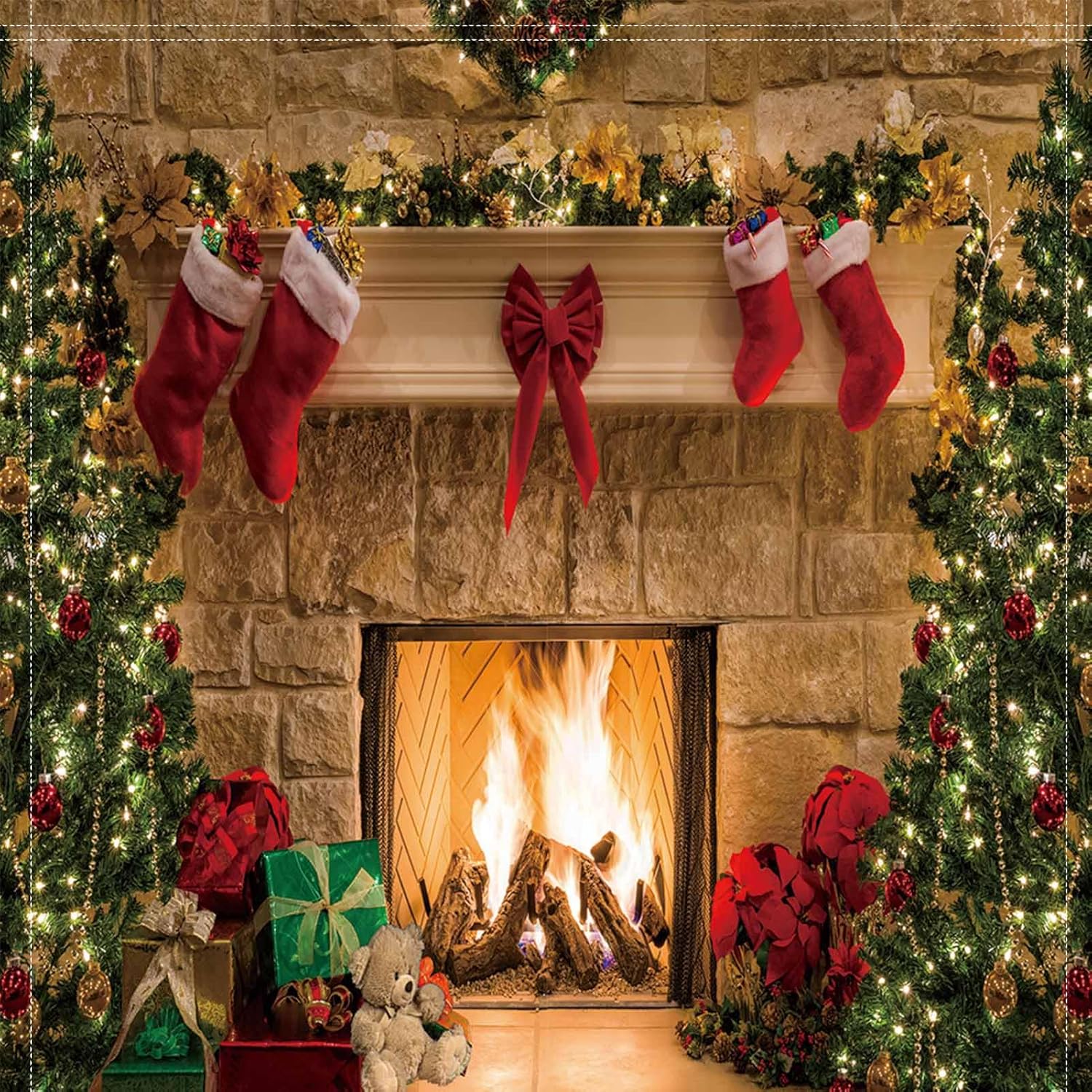 TOKTILIKT Calcetines de cortina de Navidad de 82 x 84 pulgadas, diseño de chimenea, arco de regalo, decoración de dormitorio, sala de estar,