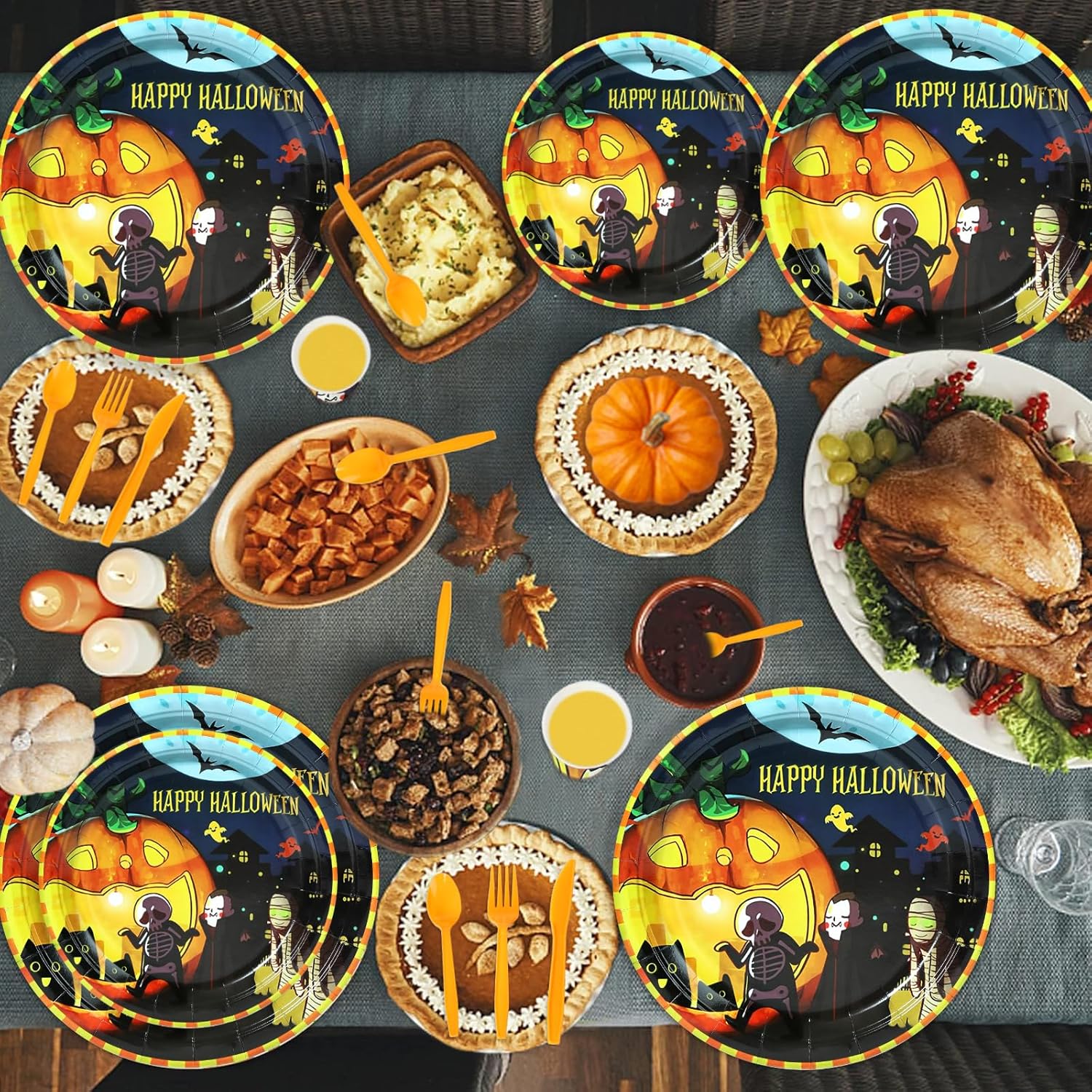 150 piezas de suministros para fiesta de Halloween, decoraciones de fiesta de Halloween (sirve 25), juego de vajilla desechable para niños, incluye