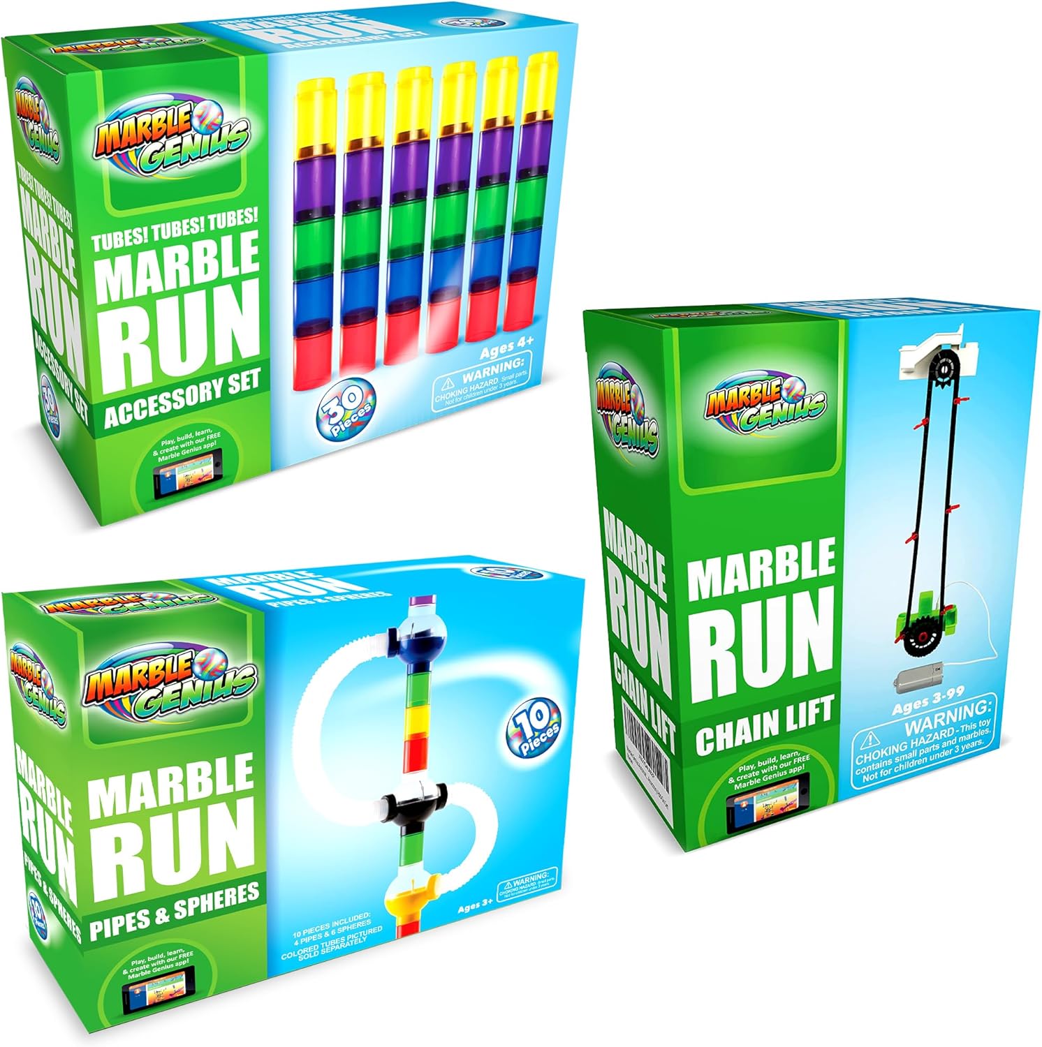 Marble Genius Paquete Elevador automático de cadena, tubos, esferas, y tubos, los juegos de accesorios perfectos para correr canicas para crear