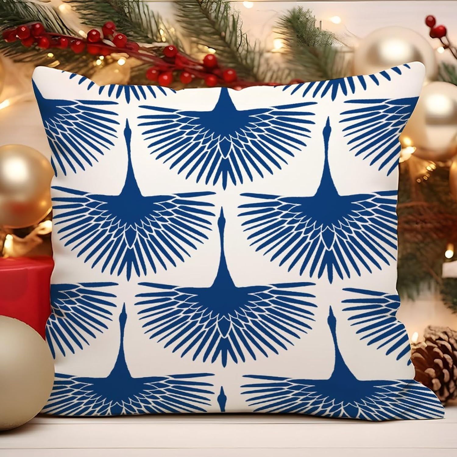 Swan Flock – Funda de cojín azul con diseño de pájaro azul, funda de almohada para sofá, chinoiserie japonesa, 16 x 16 pulgadas, almohadas de lino