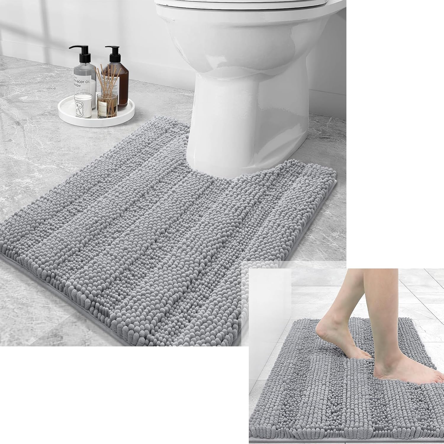 Grandaily Alfombras de baño de felpilla a rayas y alfombras para inodoro en forma de U, tamaño de alfombra de baño 24 x 16 pulgadas y alfombras de