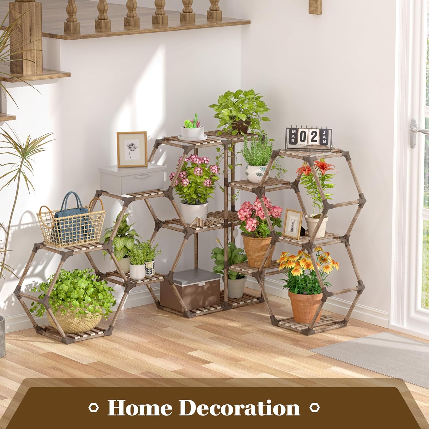Allinside Soporte de esquina para plantas de interior, estante de esquina de 12 niveles para exteriores, soporte de madera para múltiples plantas,