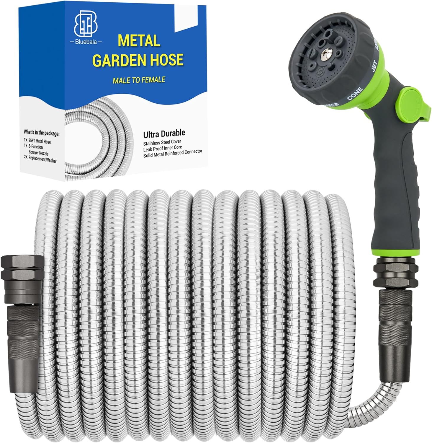 Manguera de jardín de metal, manguera de agua de acero inoxidable resistente de 75 pies con boquilla de pulverización de 8 modos, accesorios de 34