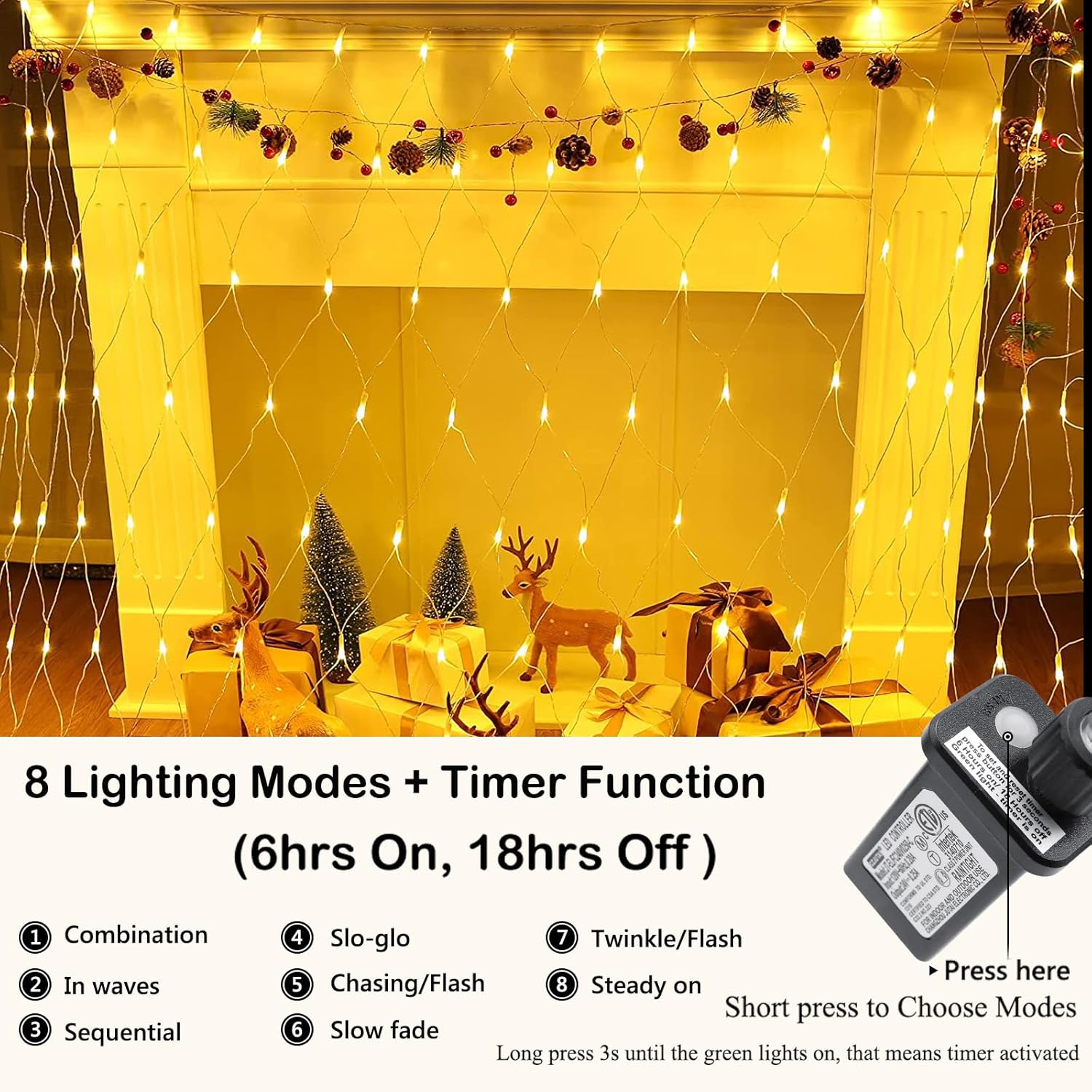 Joomer 360 luces LED de red de Navidad de 12 x 5 pies, 8 modos de luces de malla conectables, temporizador, impermeable para árboles de Navidad,