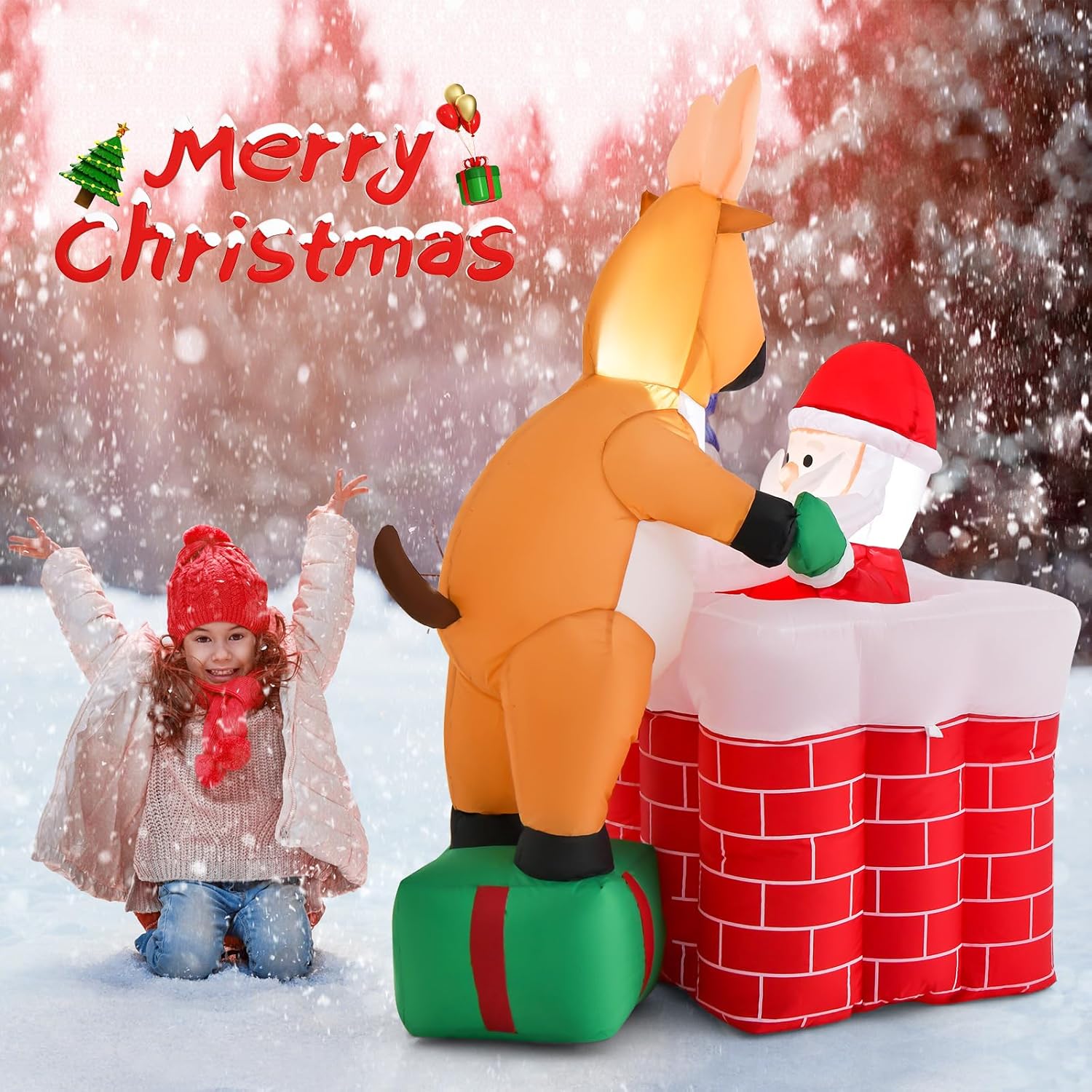 Tangkula Chimenea inflable de Navidad de 5 pies con reno de pie en una caja de regalo, decoración de Navidad inflable con luces LED integradas para
