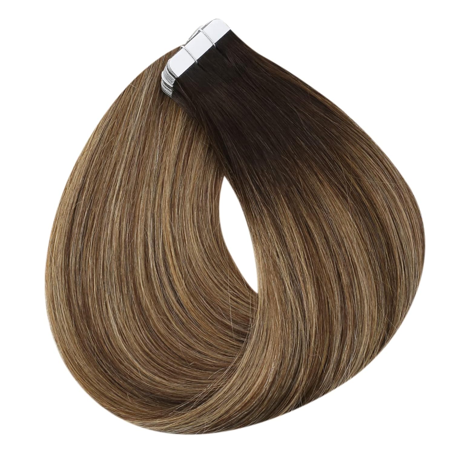 Fshine Extensiones de cabello humano con cinta adhesiva, balayage, color degradado 2, marrón oscuro que se desvanece a rubio miel 3 y 27, con cinta