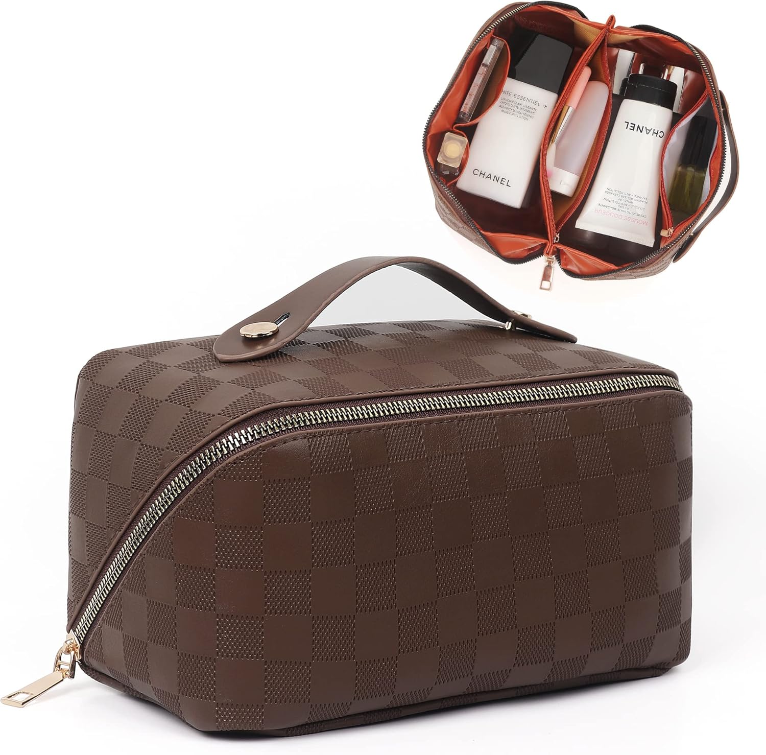 Bolsa de maquillaje grande, bolsa de cosméticos de doble capa, bolsa de maquillaje de viaje, bolsa de maquillaje de cuero, bolsas de viaje para