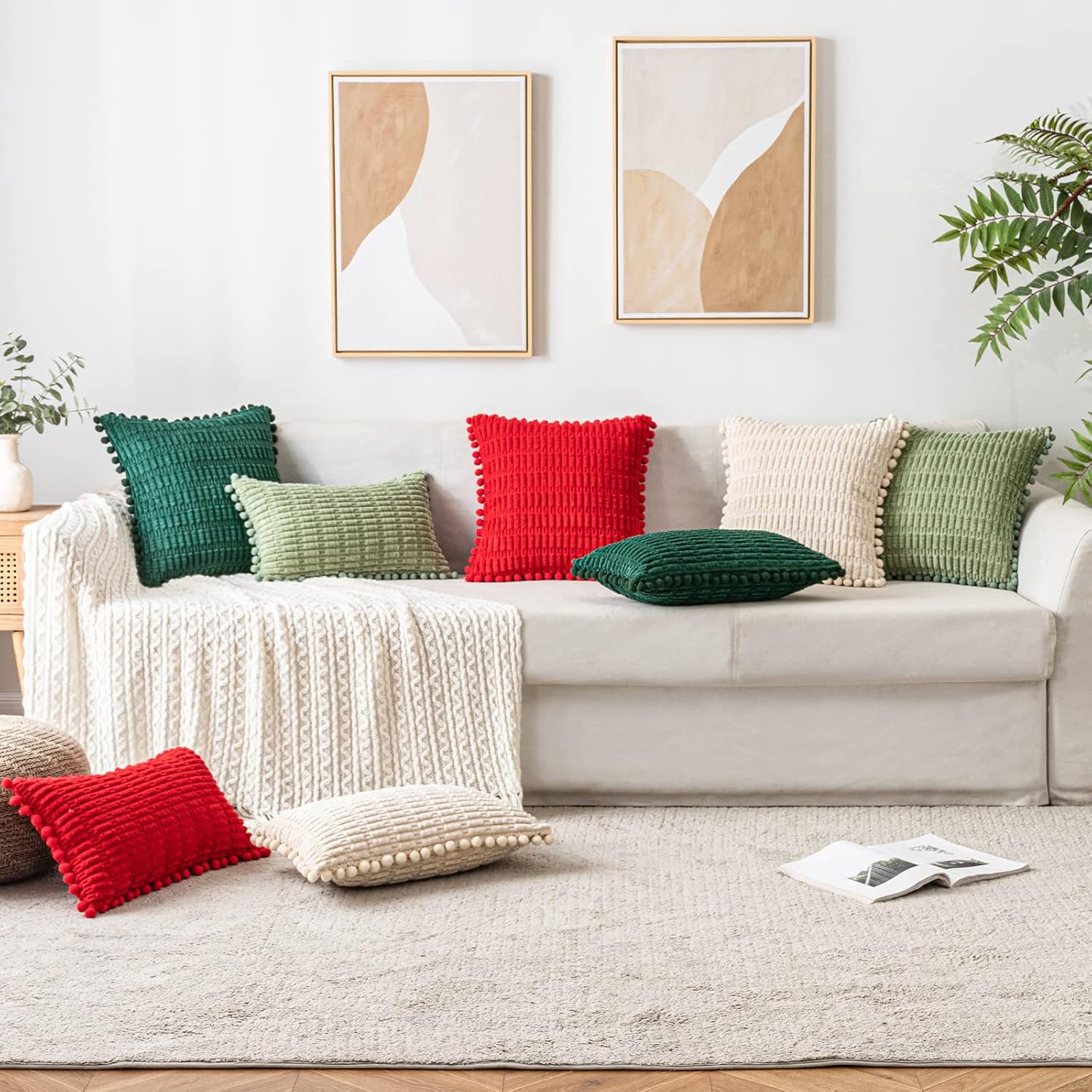MIULEE Juego de 2 fundas de almohada decorativas de pana roja, con pompones, suaves, bohemias, a rayas, modernas, para decoración del hogar, para
