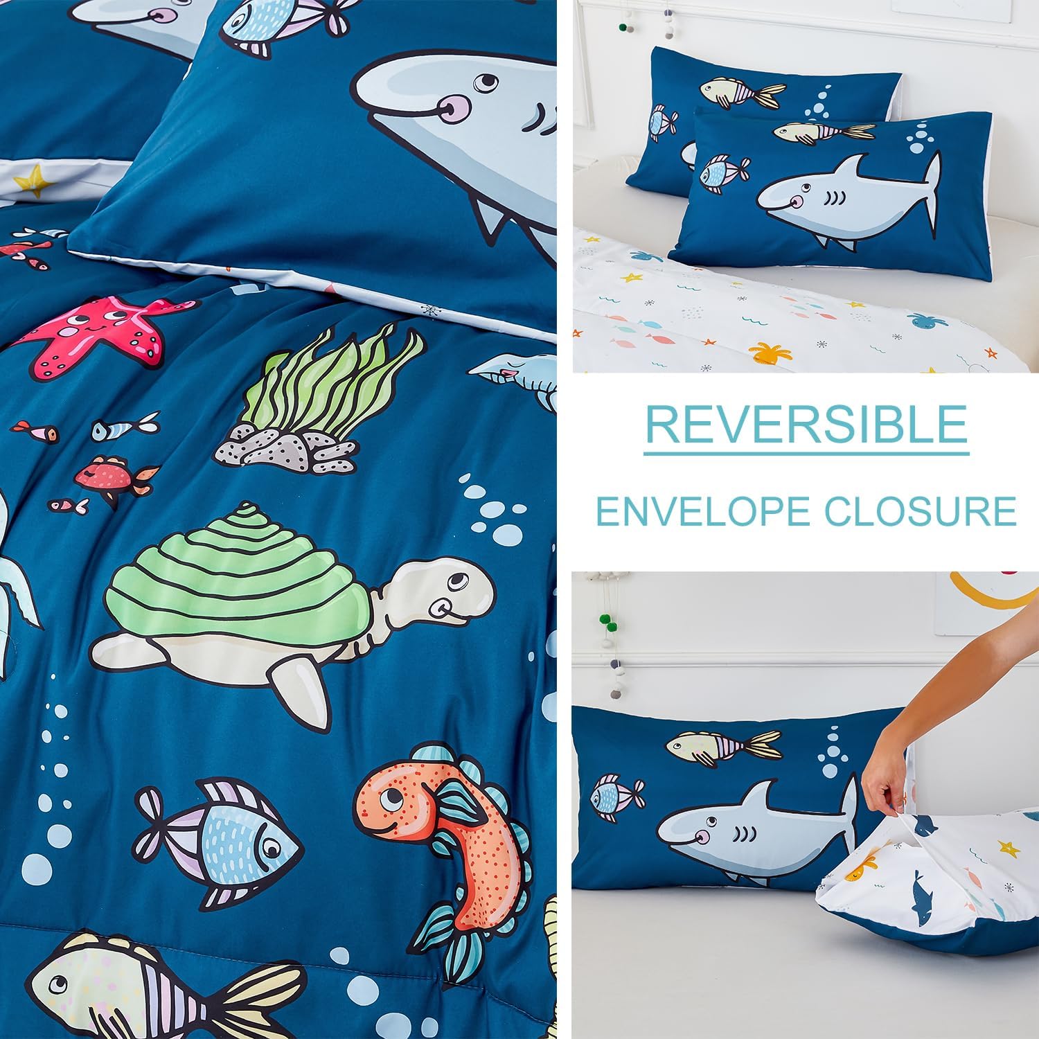 WINLIFE Juego de edredón matrimonial de 3 piezas para niños, edredón reversible súper suave para adolescentes, edredón estampado con tema oceánico,